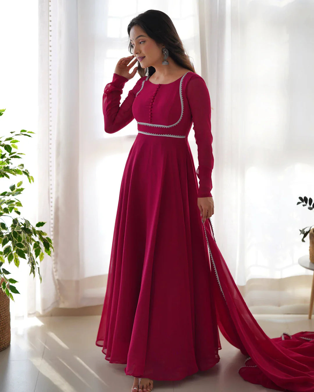 Magenta Pink Georgette Anarkali gown with dupatta full set and pants