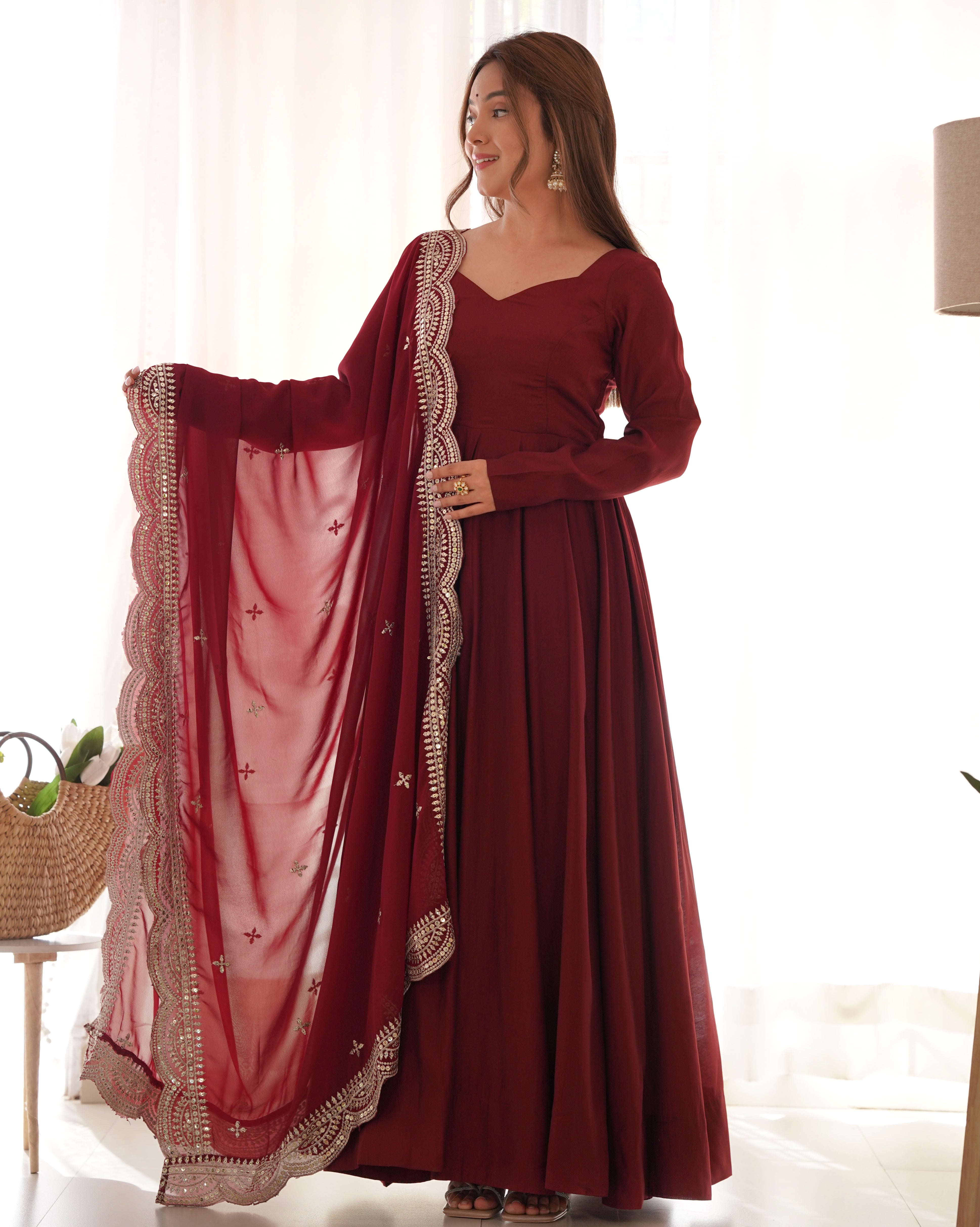 Red Roman Silk Chanderi Anarkali with Dupatta & Stitched Pants