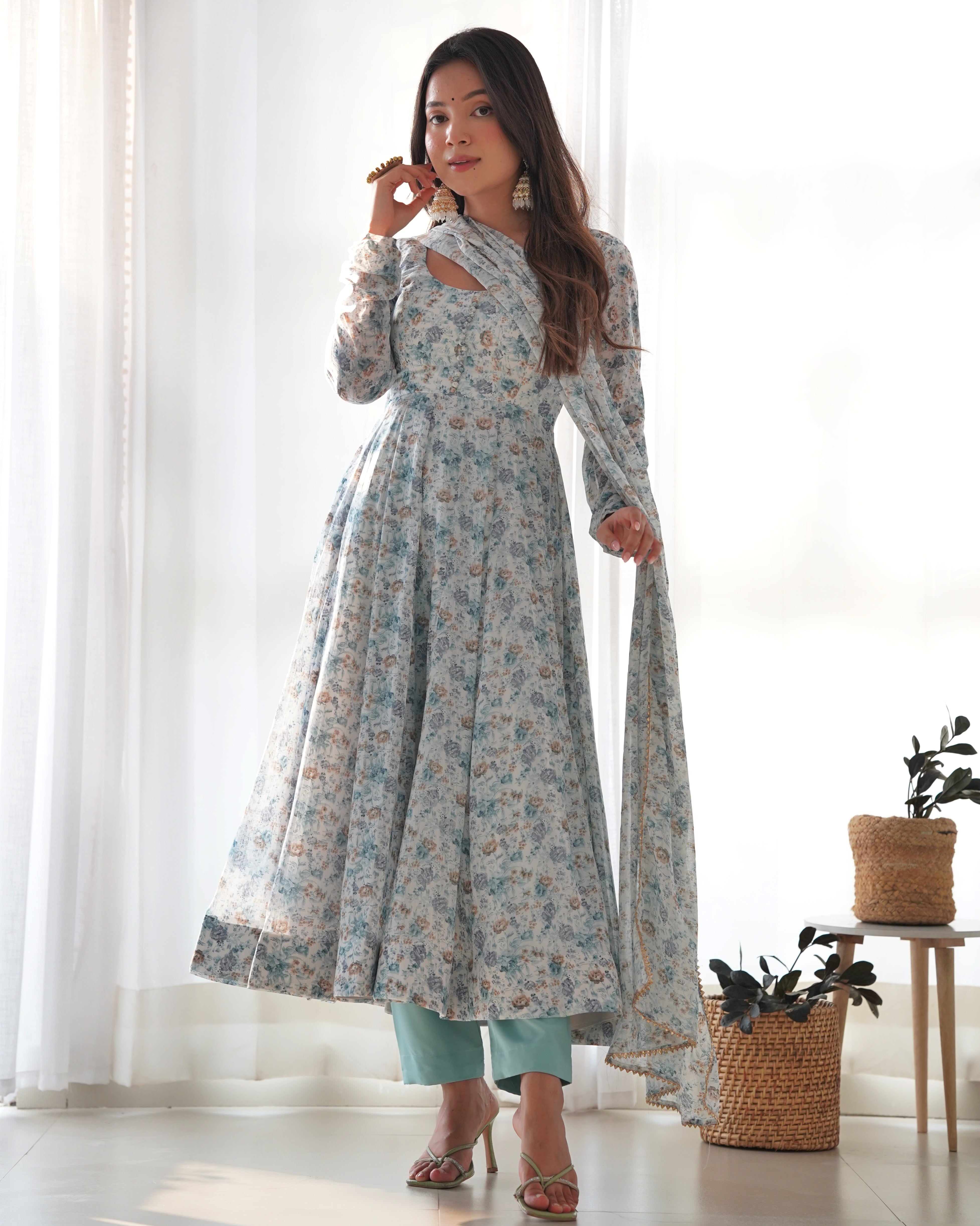 Sky Blue Women Floral Print Anarkali Kurta & Pants with Dupatta