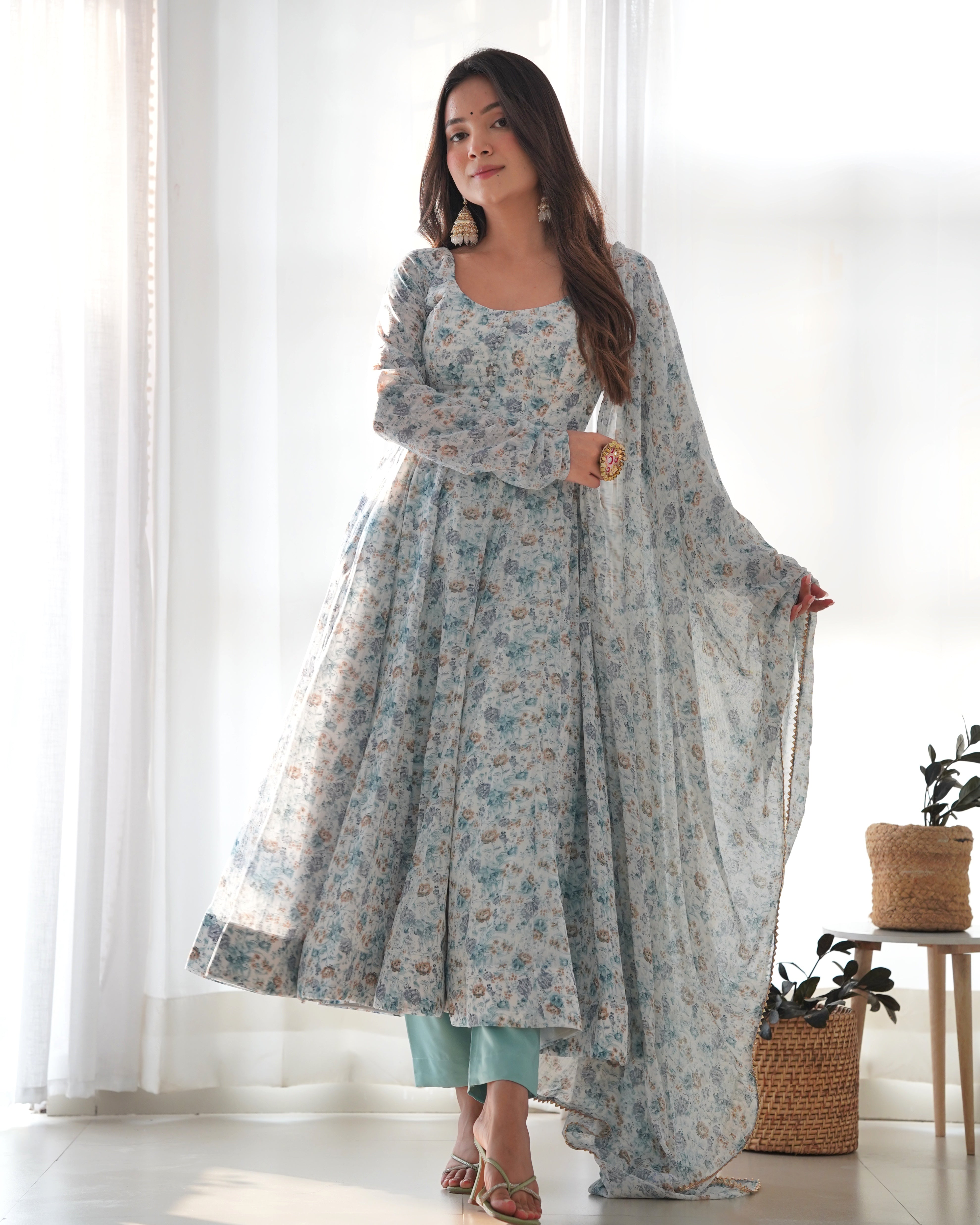 Sky Blue Women Floral Print Anarkali Kurta & Pants with Dupatta