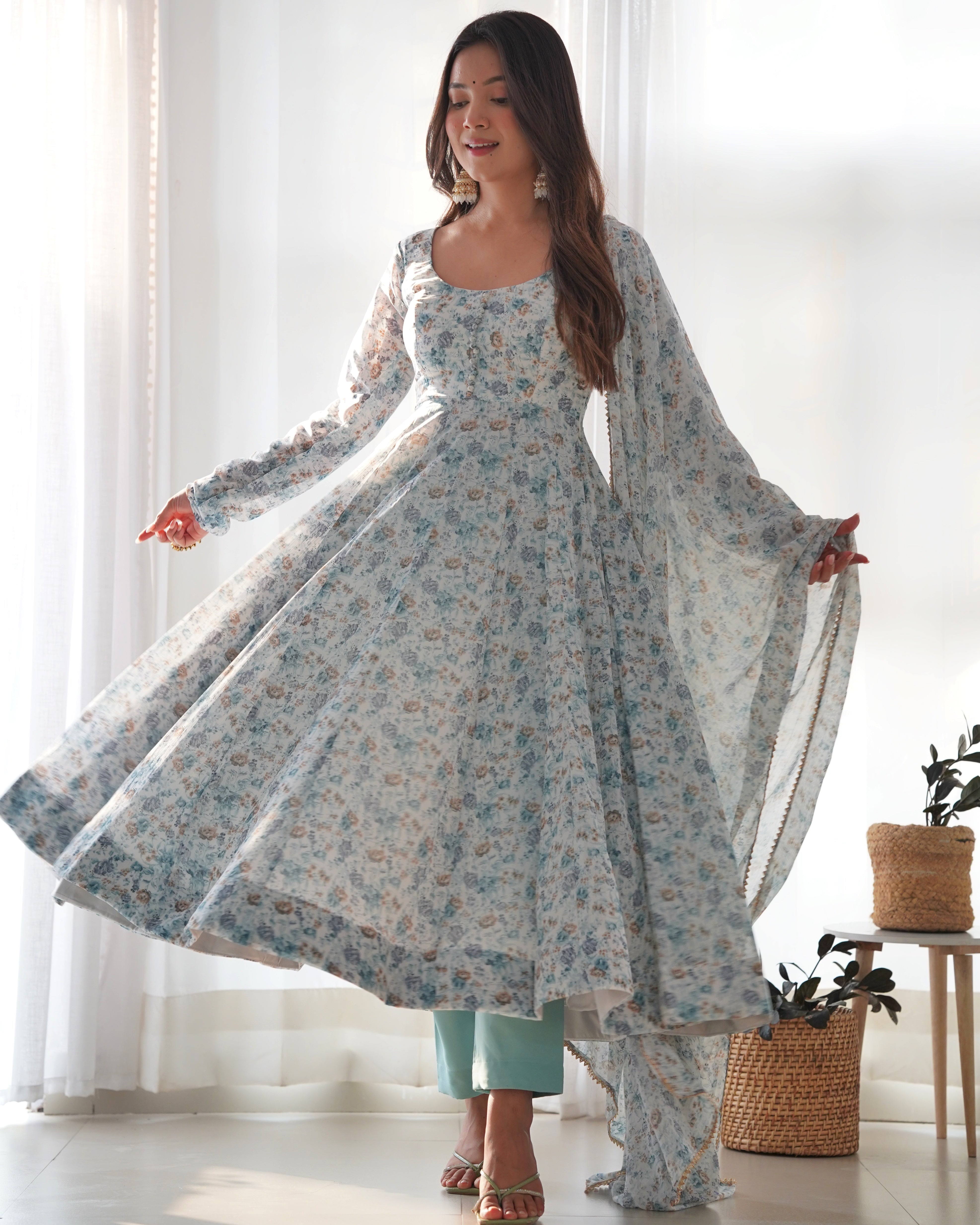 Sky Blue Women Floral Print Anarkali Kurta & Pants with Dupatta