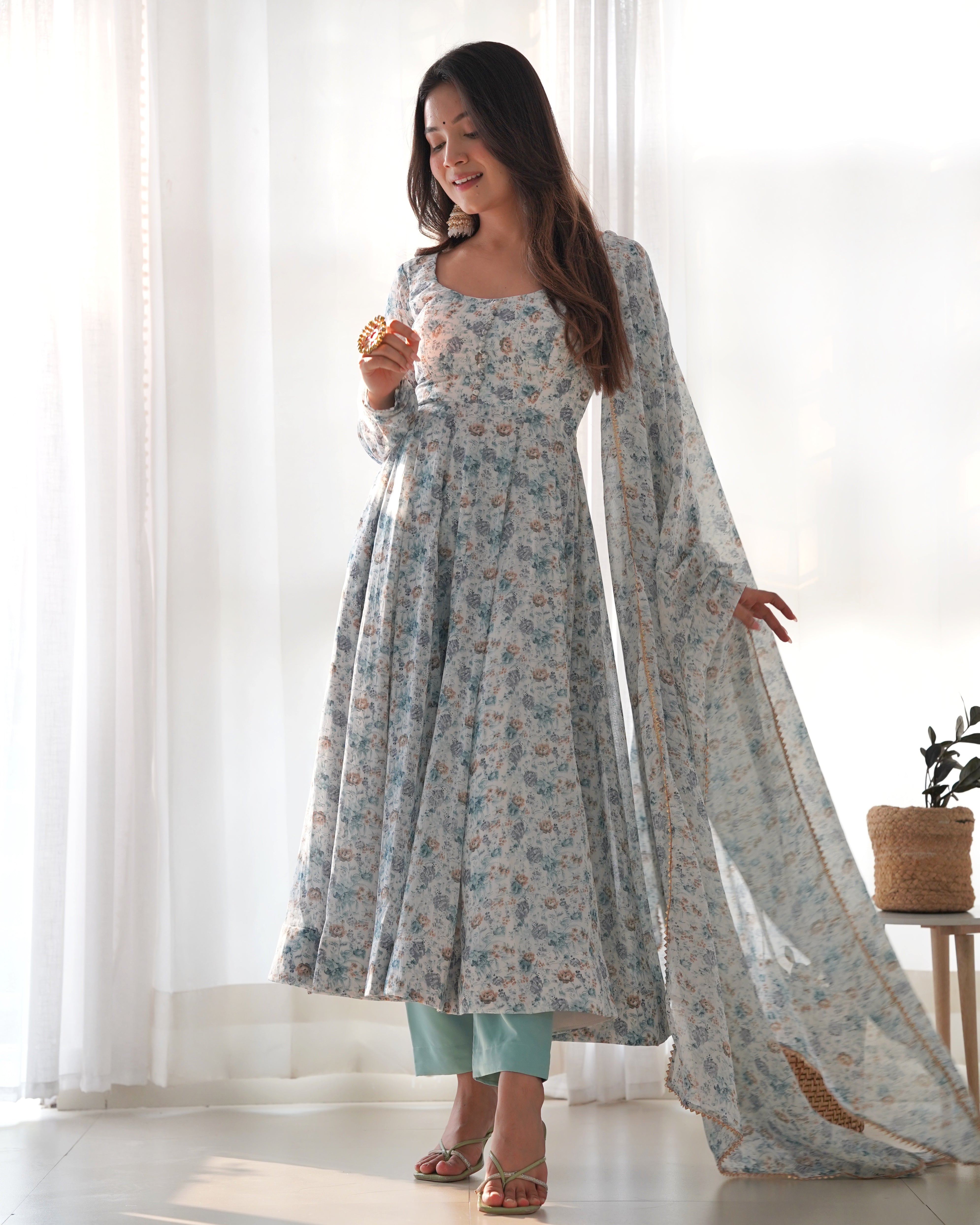 Sky Blue Women Floral Print Anarkali Kurta & Pants with Dupatta