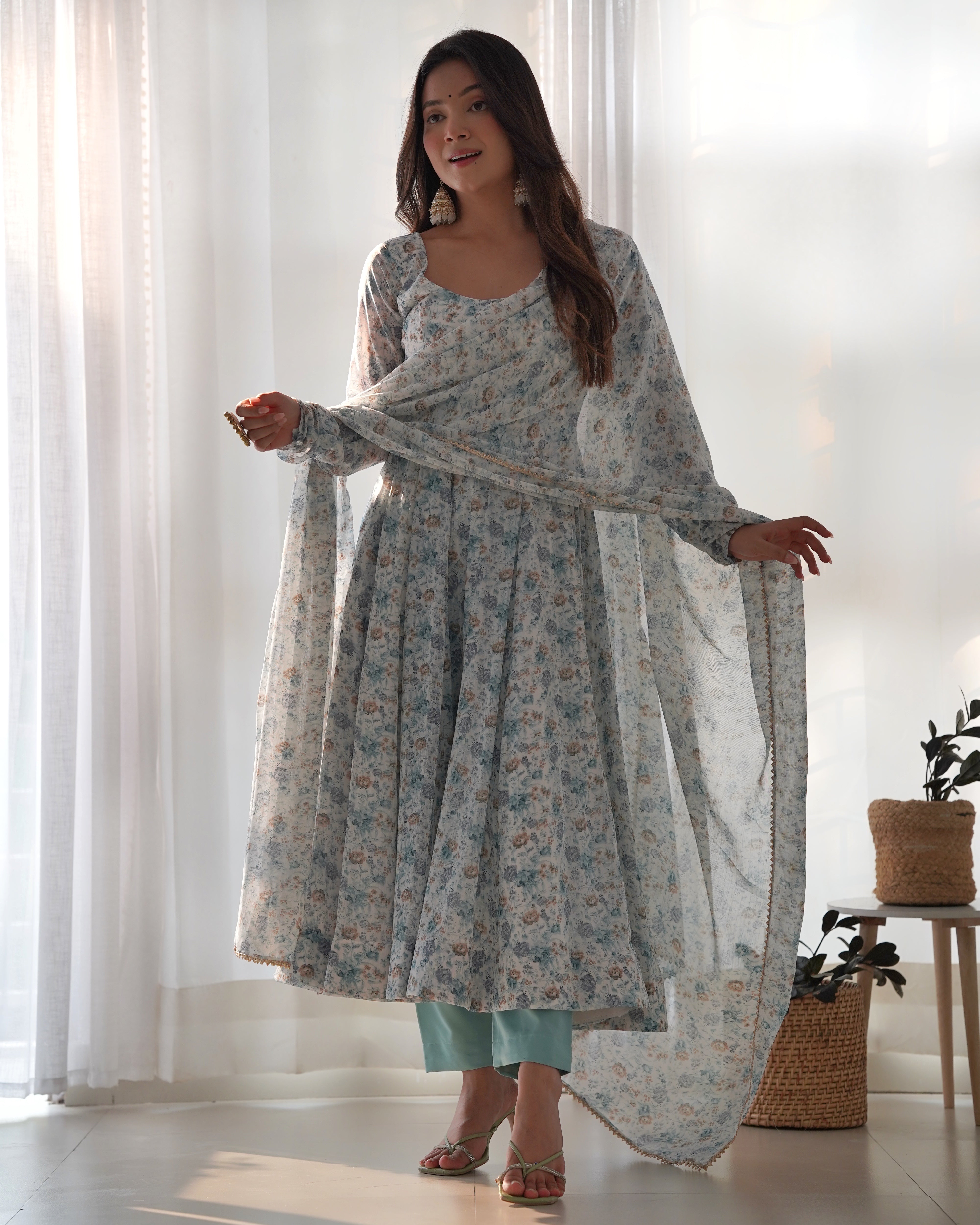 Sky Blue Women Floral Print Anarkali Kurta & Pants with Dupatta
