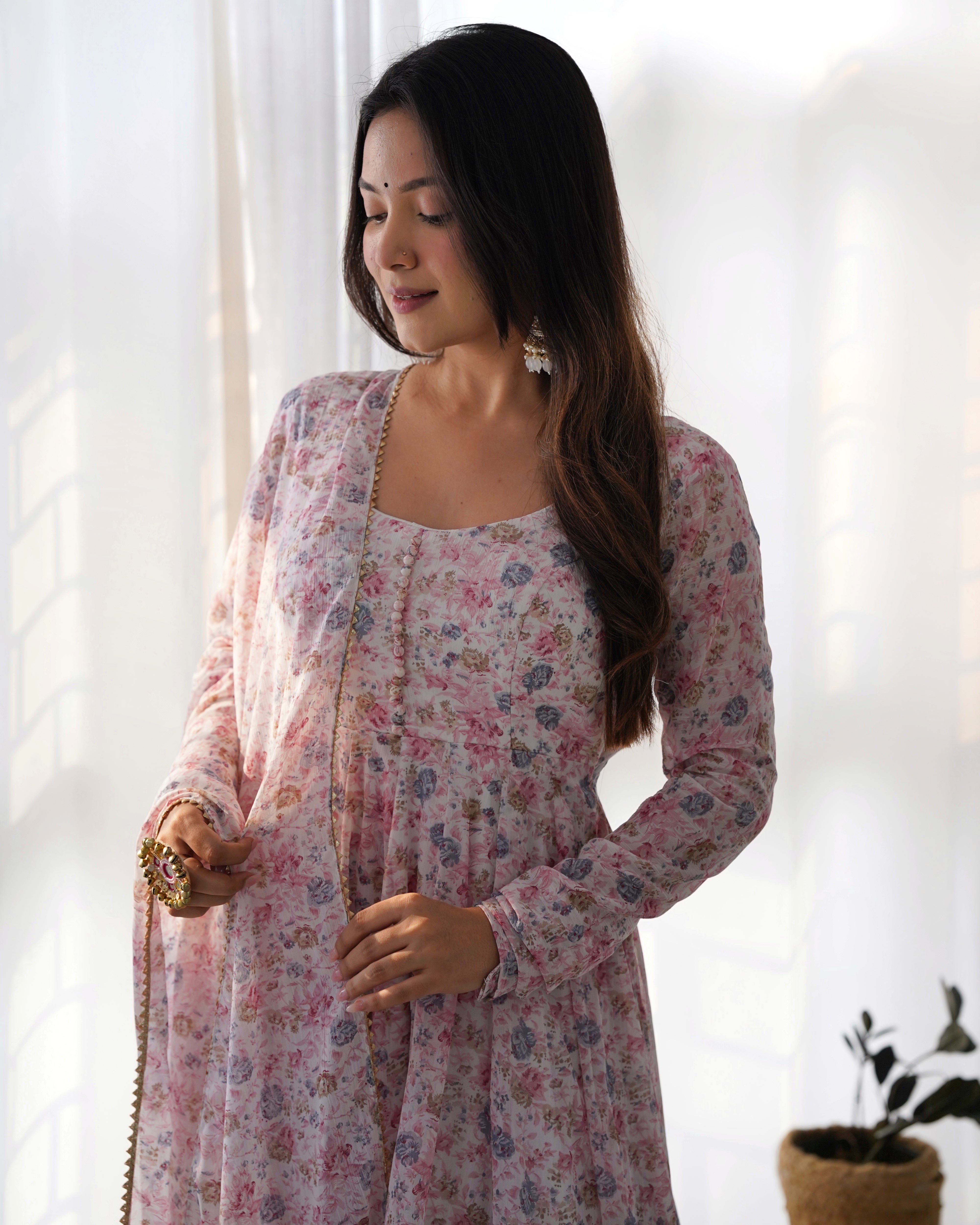 Pink Women Floral Print Anarkali Kurta & Pants with Dupatta