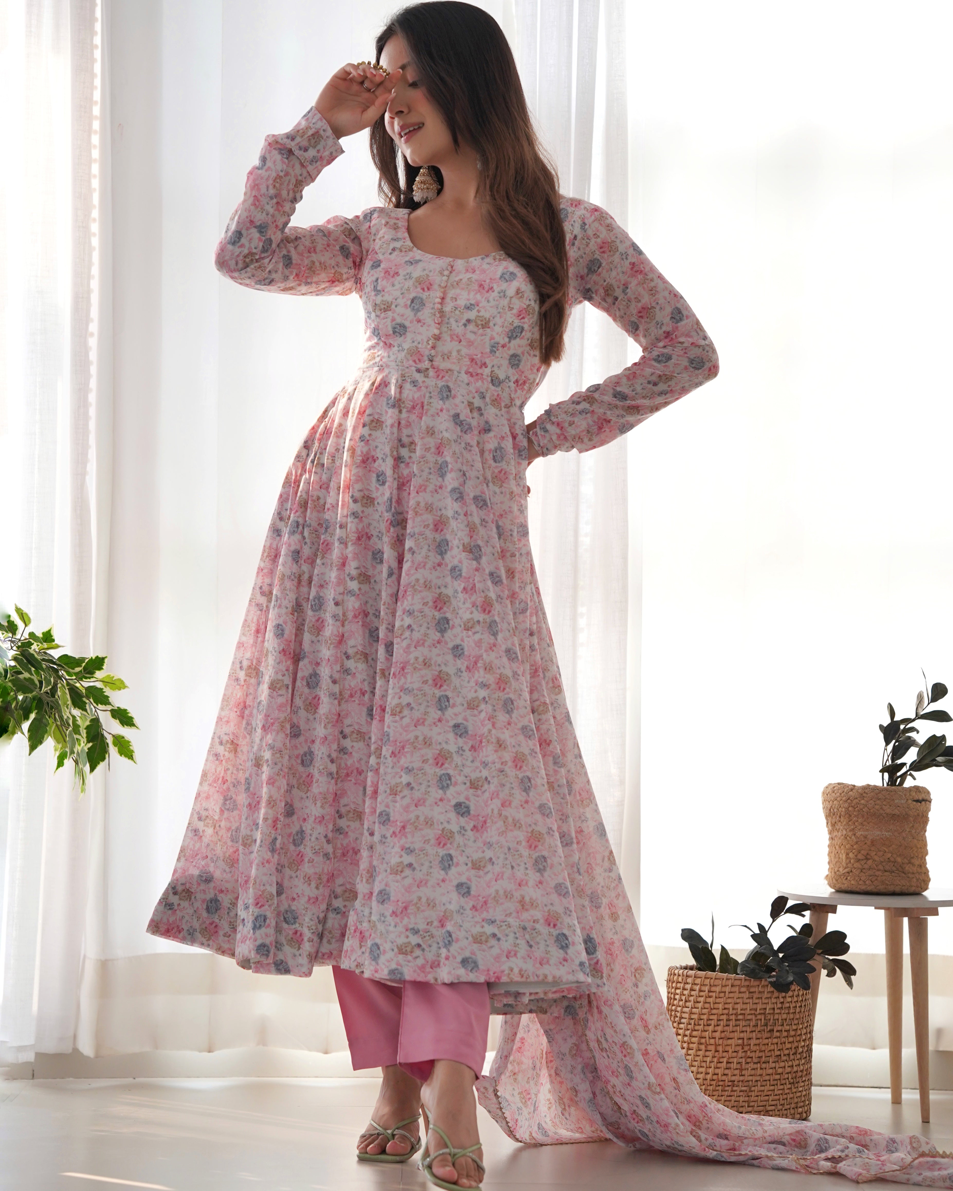 Pink Women Floral Print Anarkali Kurta & Pants with Dupatta
