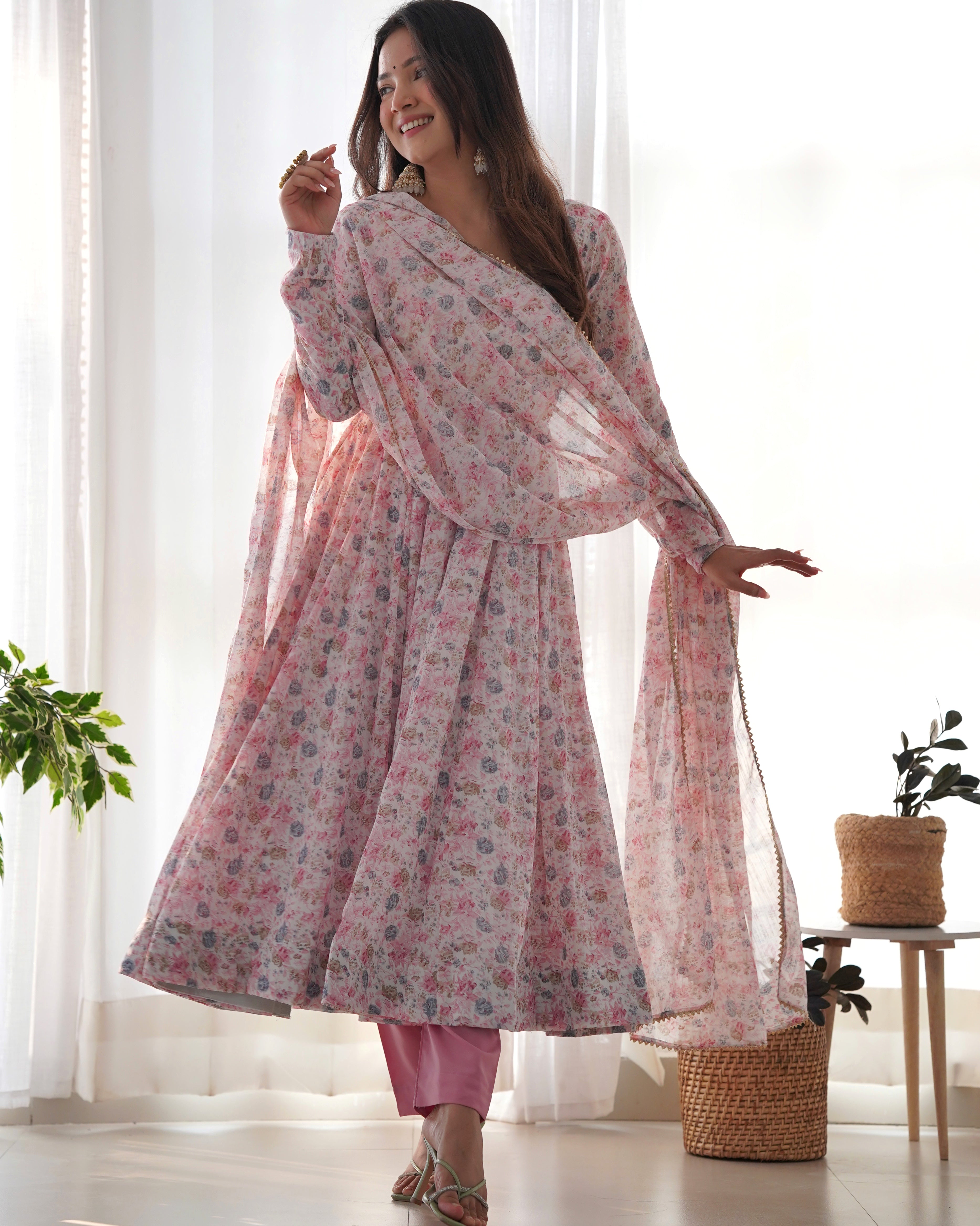 Pink Women Floral Print Anarkali Kurta & Pants with Dupatta