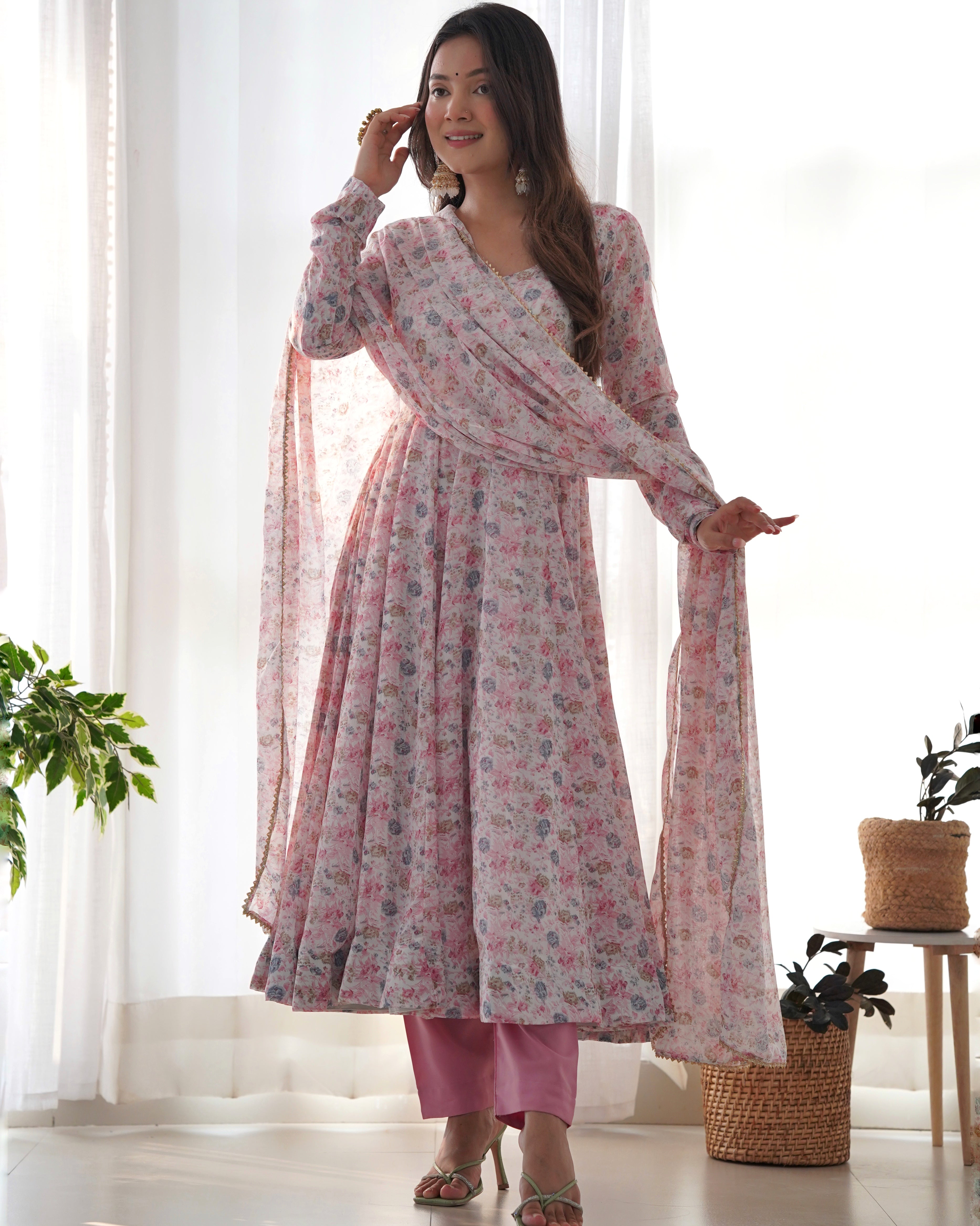 Pink Women Floral Print Anarkali Kurta & Pants with Dupatta