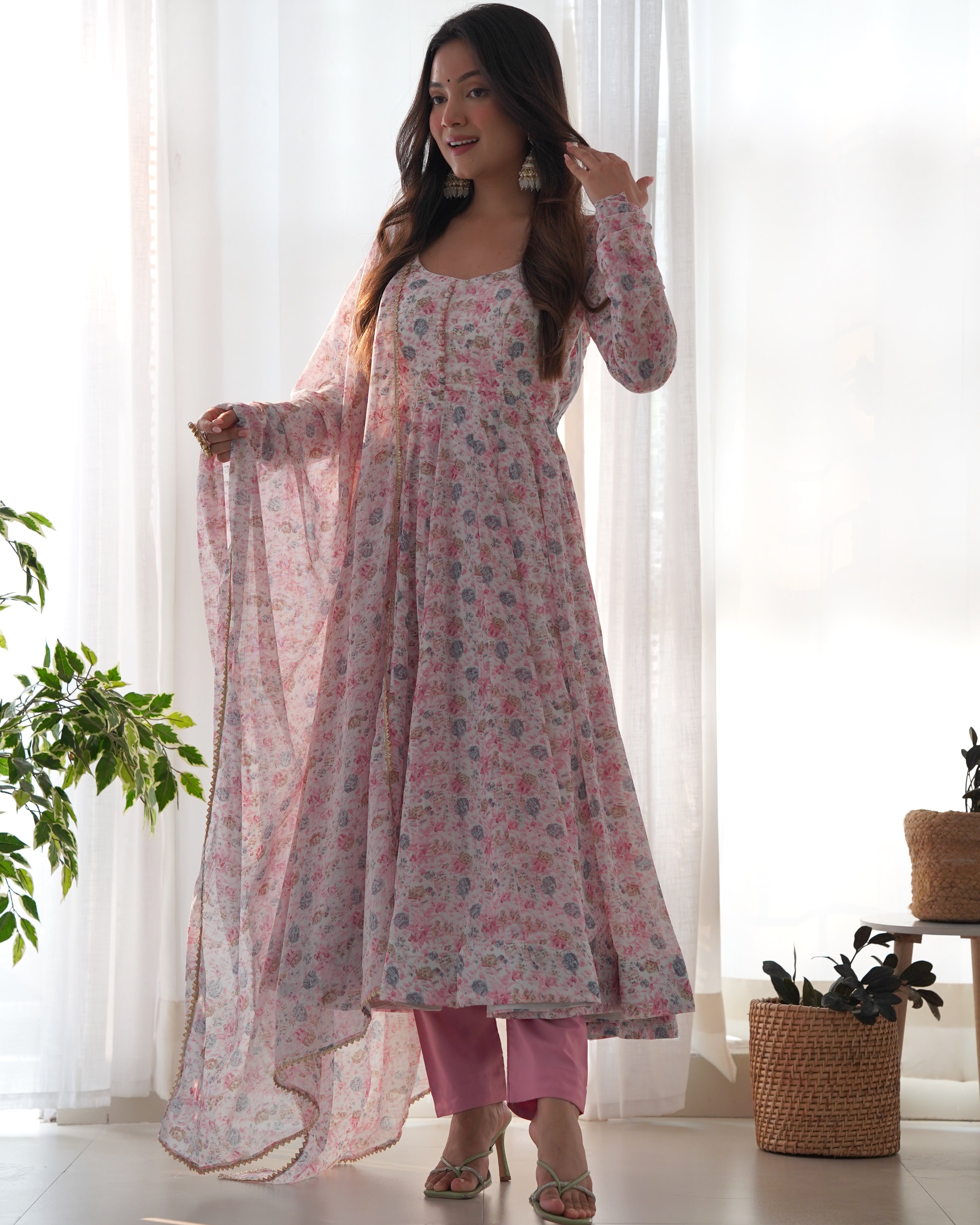 Pink Women Floral Print Anarkali Kurta & Pants with Dupatta