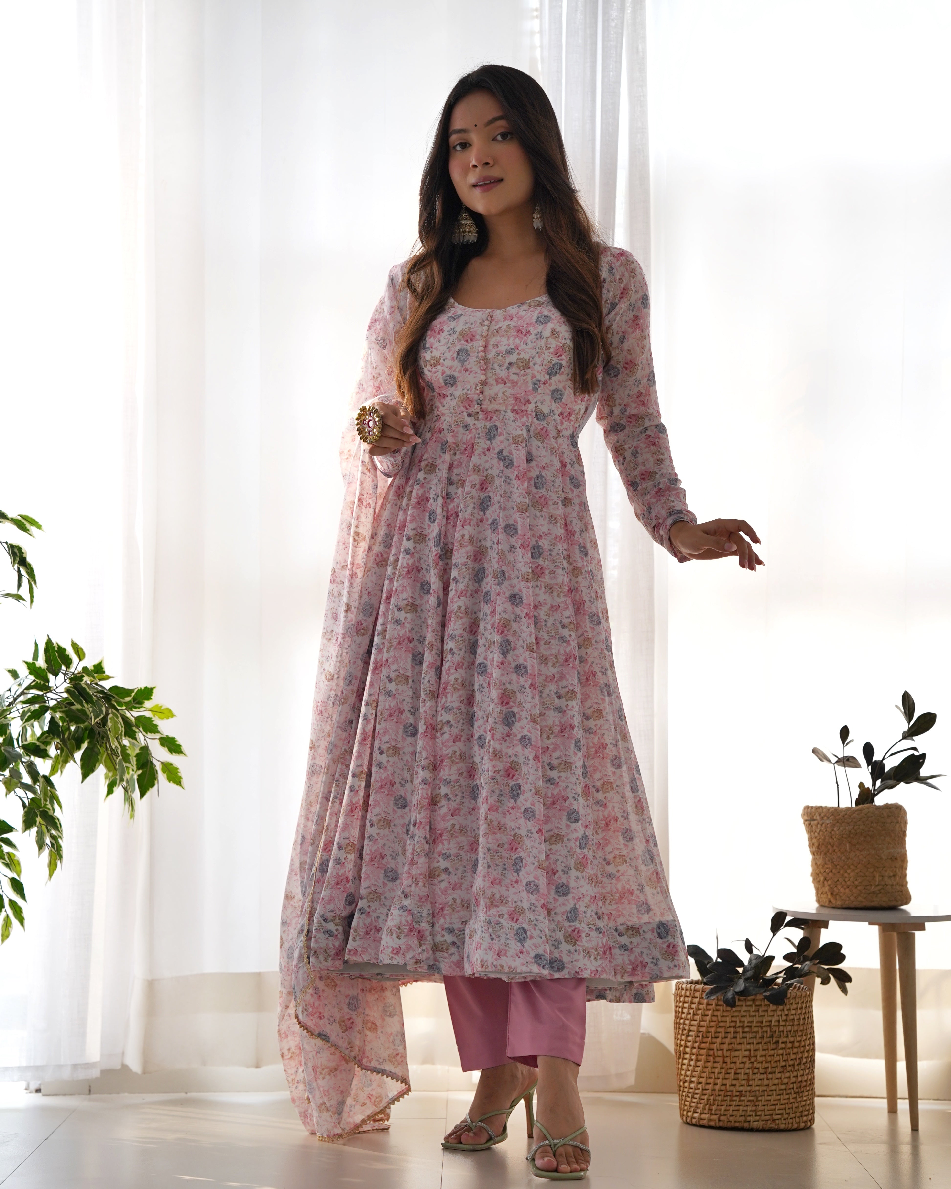 Pink Women Floral Print Anarkali Kurta & Pants with Dupatta