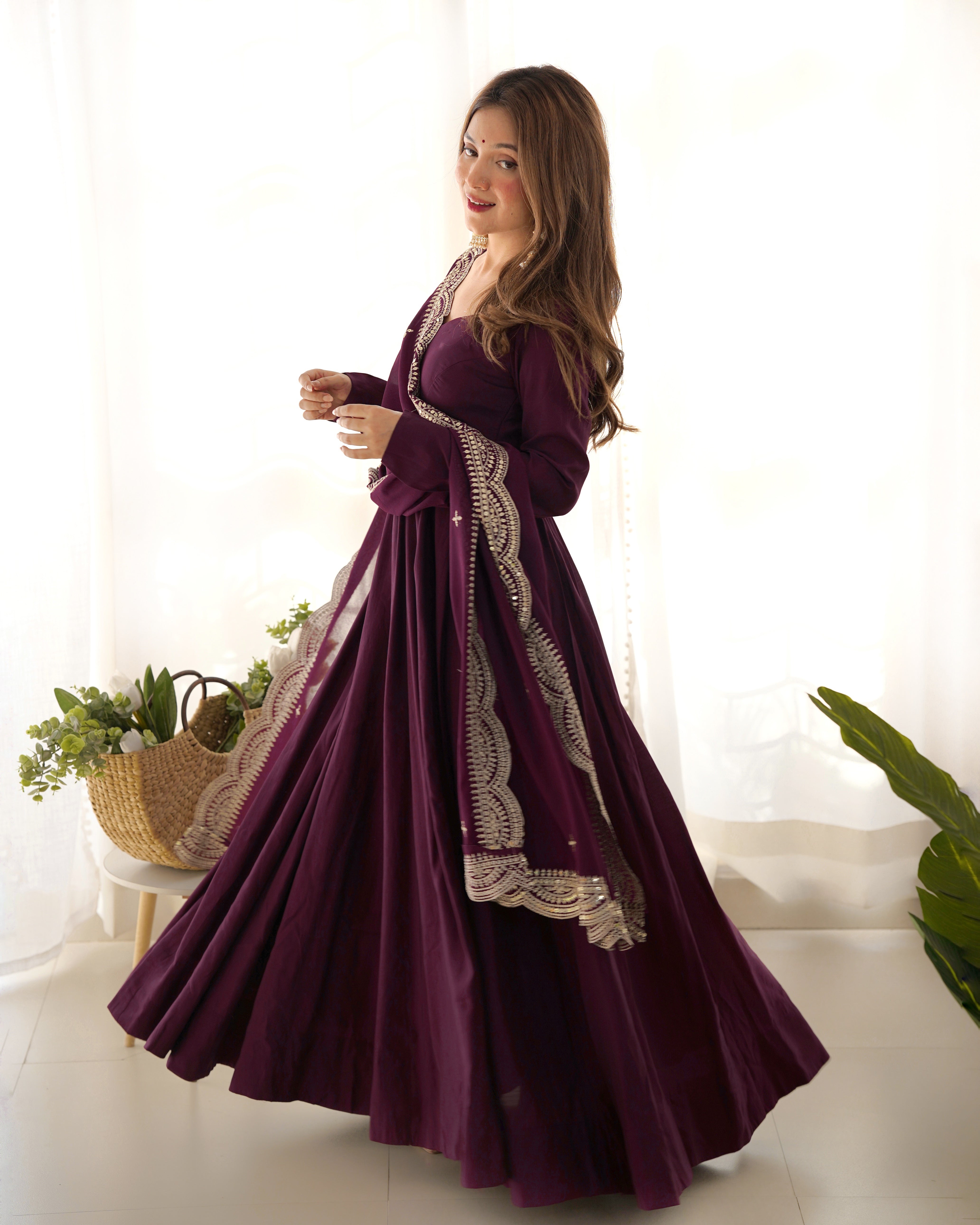 Wine Roman Silk Chanderi Anarkali with Dupatta & Stitched Pants