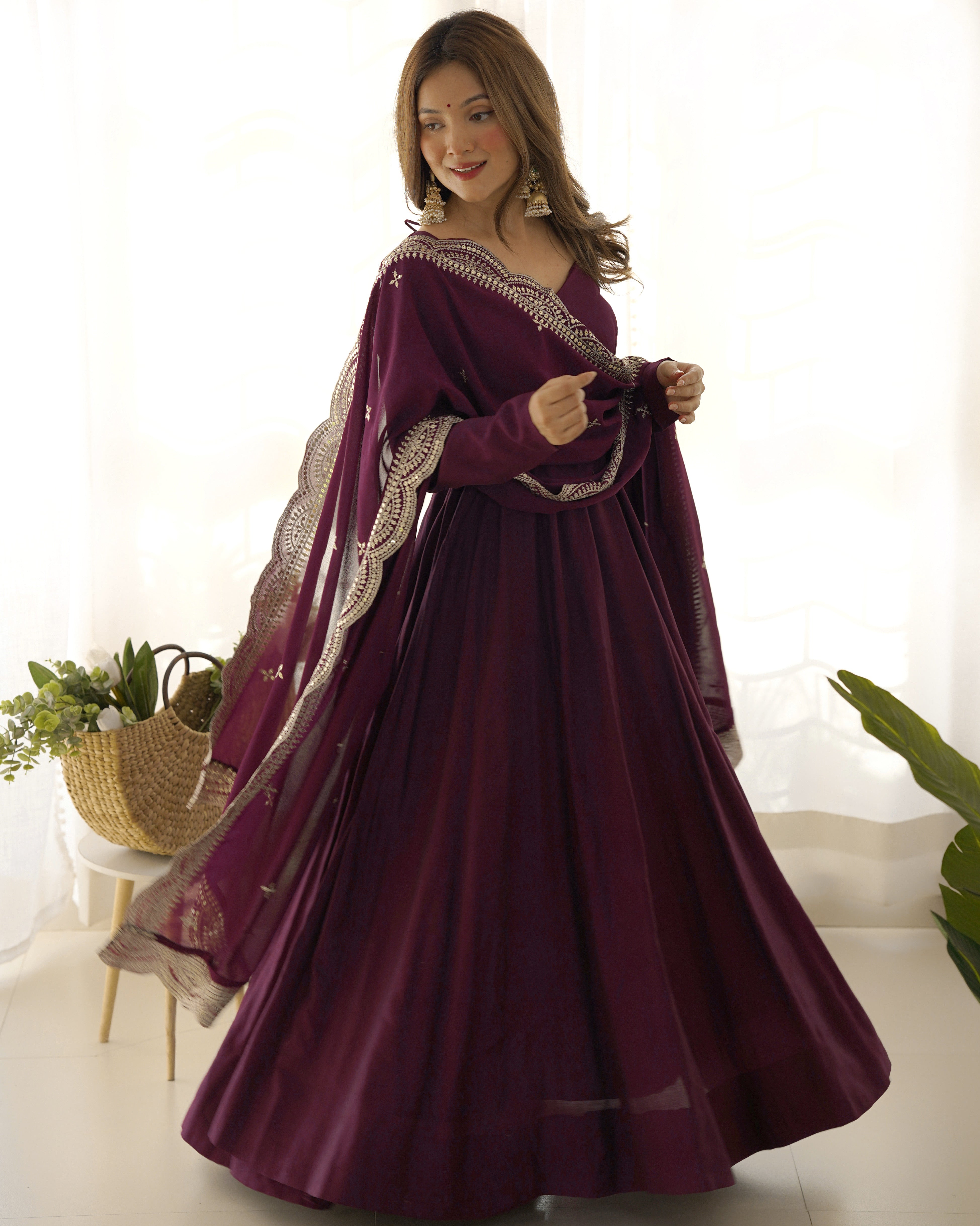 Wine Roman Silk Chanderi Anarkali with Dupatta & Stitched Pants