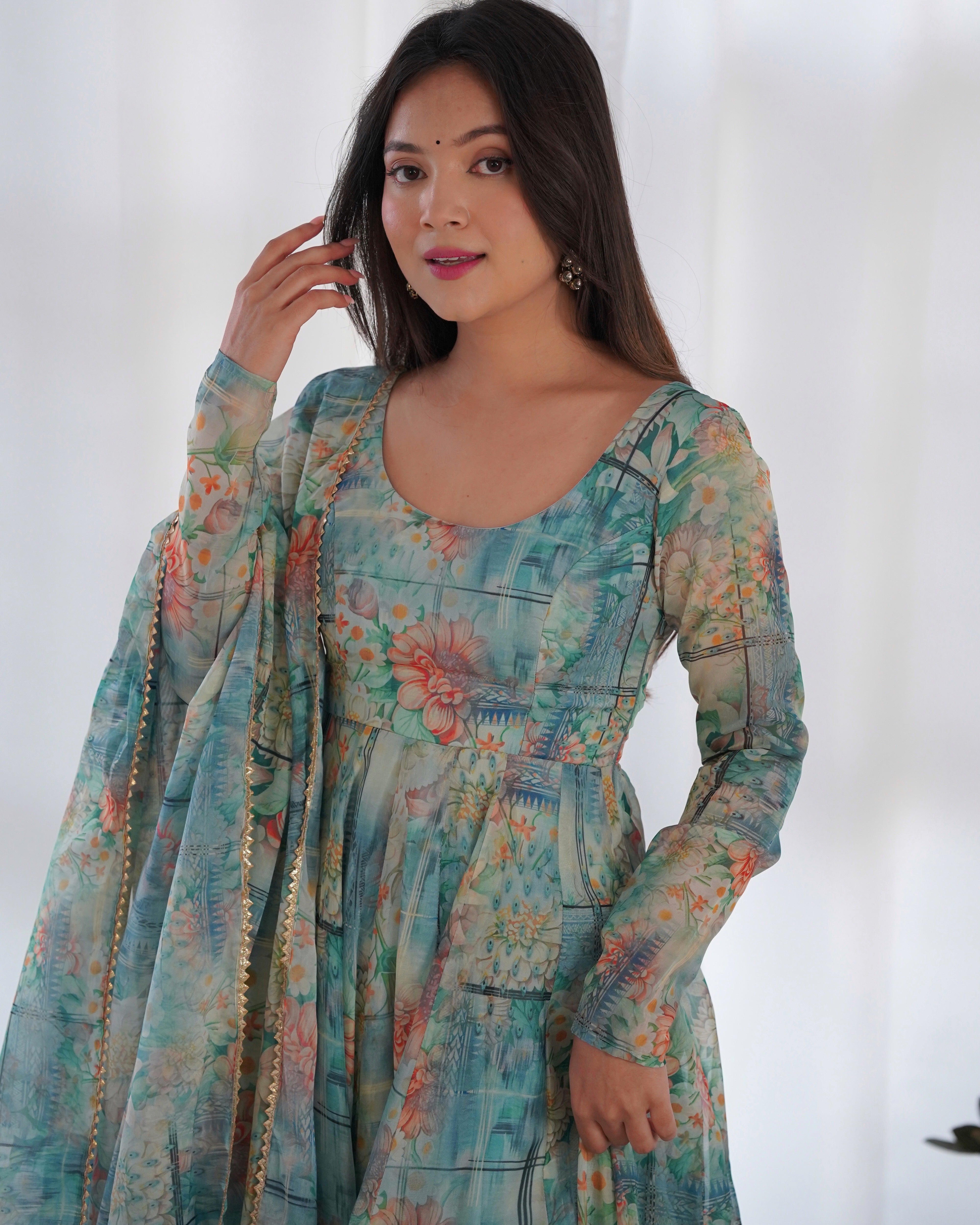 Green Women Printed Anarkali Kurta Suit Set