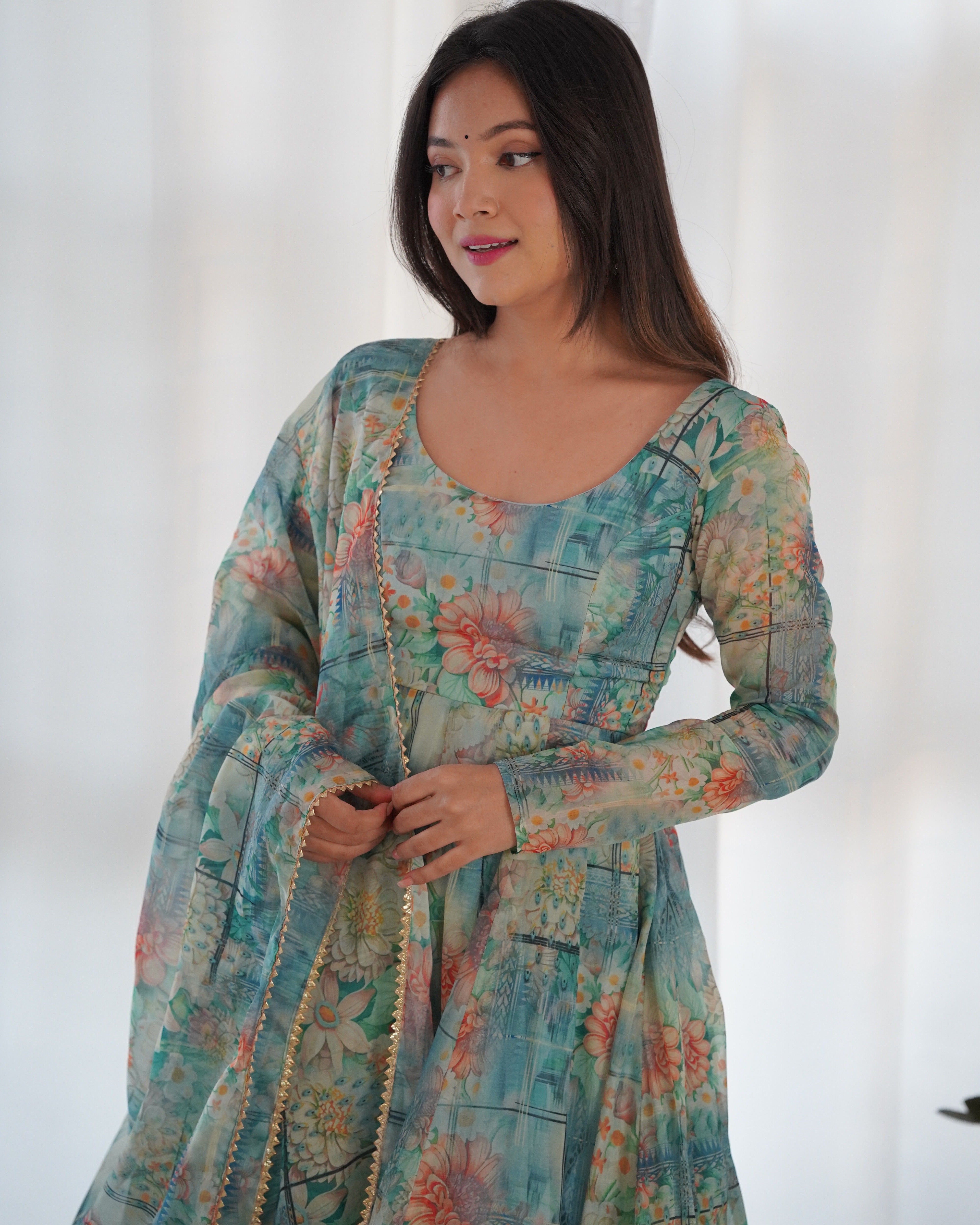 Green Women Printed Anarkali Kurta Suit Set