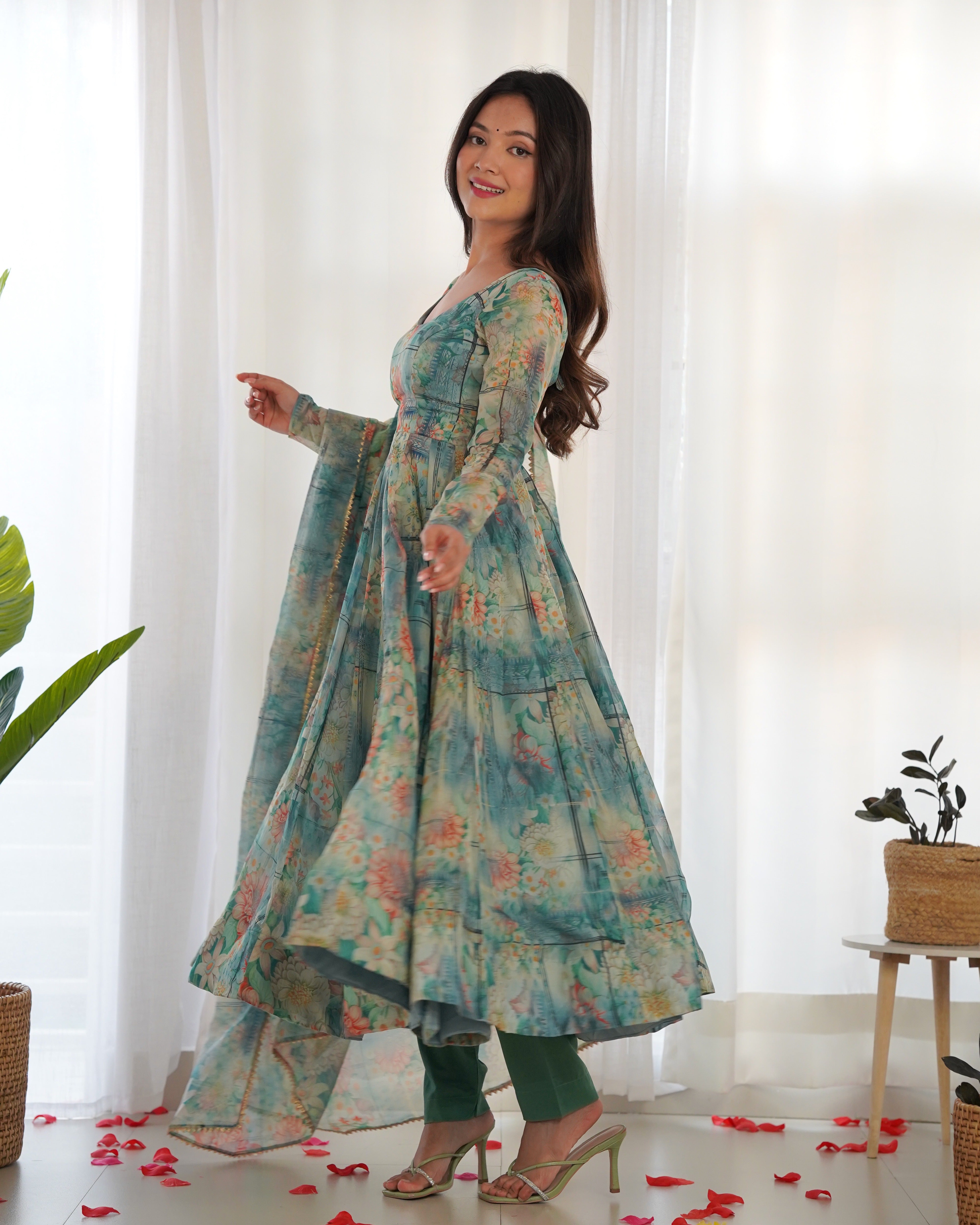 Green Women Printed Anarkali Kurta Suit Set