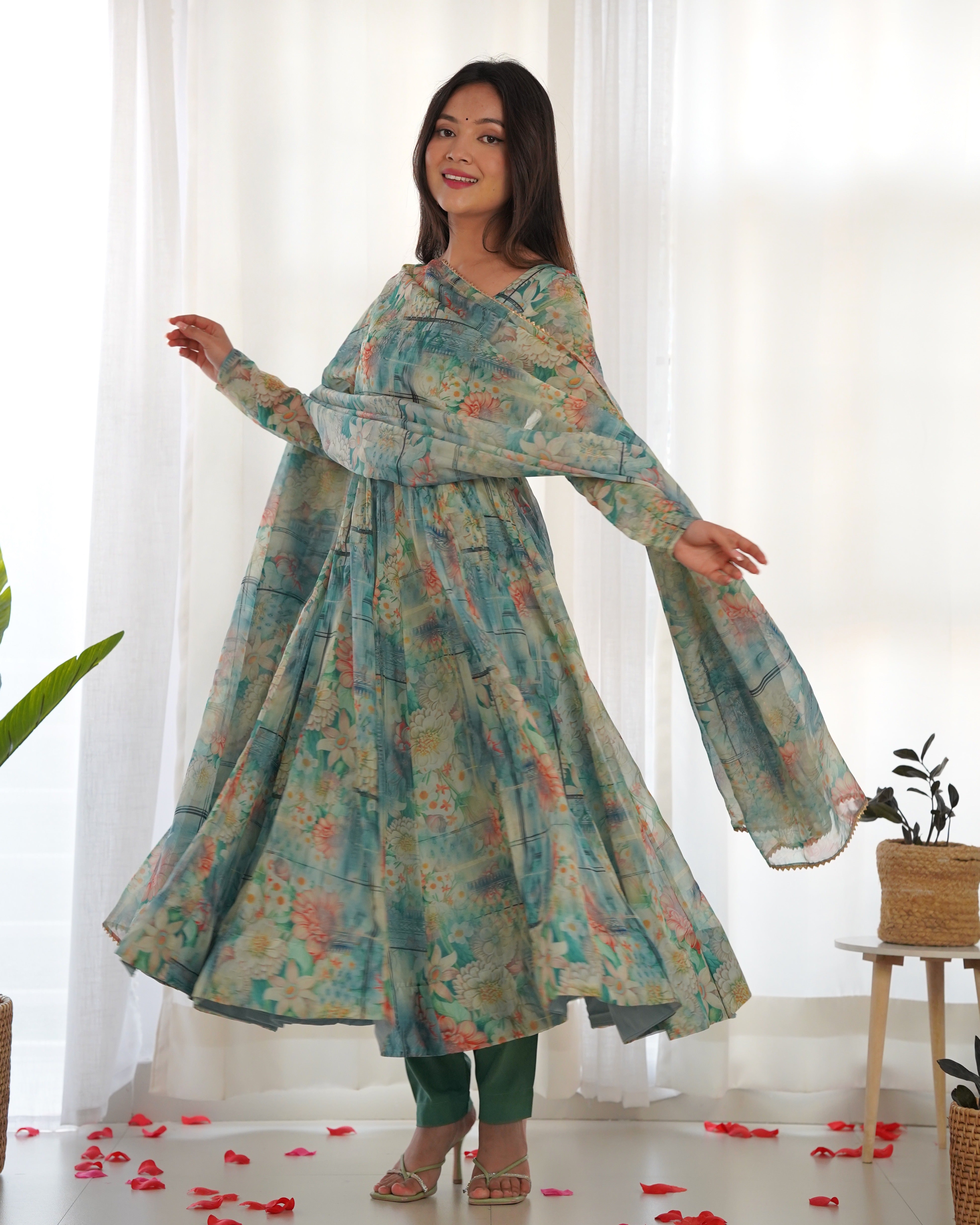 Green Women Printed Anarkali Kurta Suit Set