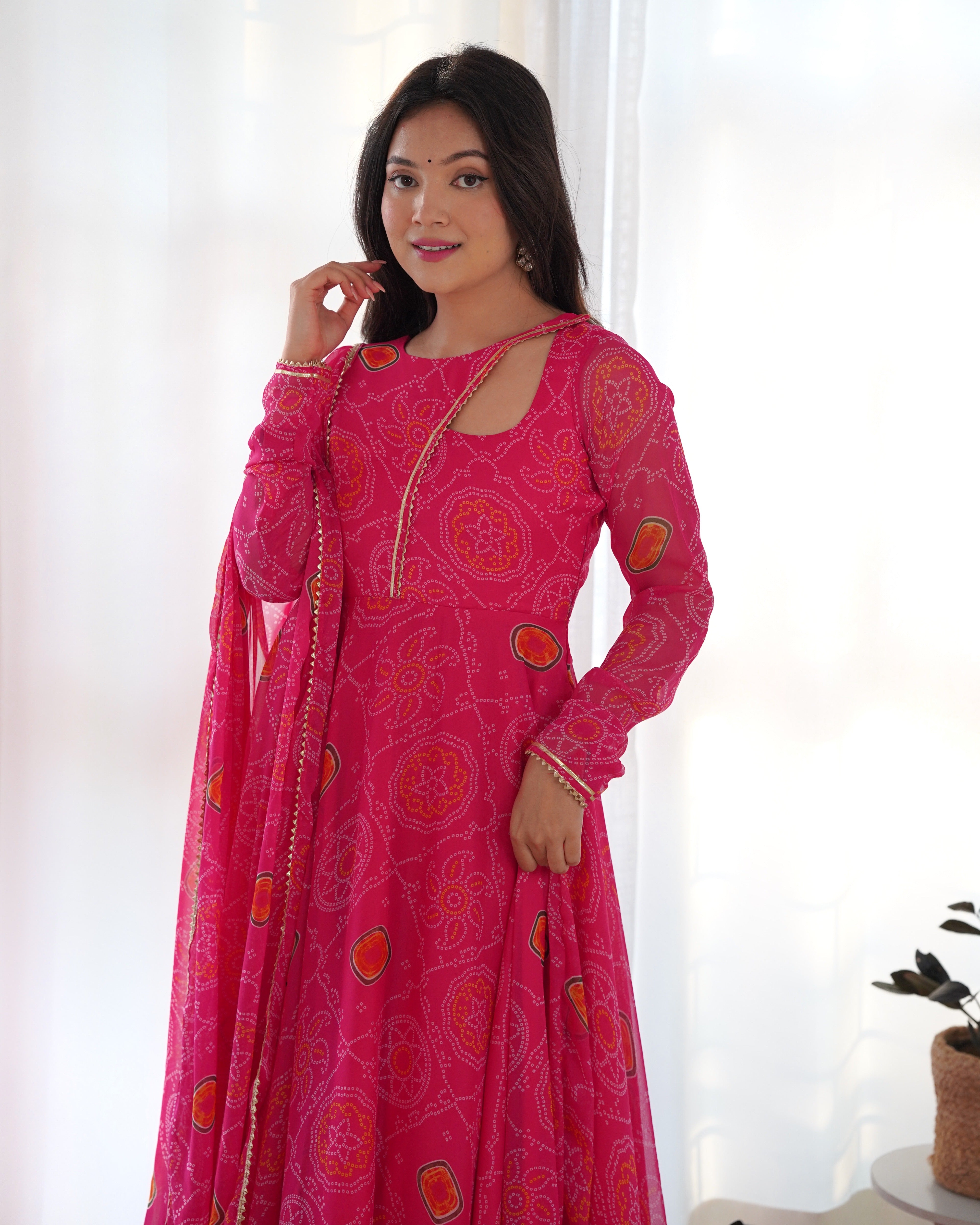 Pink Color Bandhej Print Soft Chiffon Stylish Neck