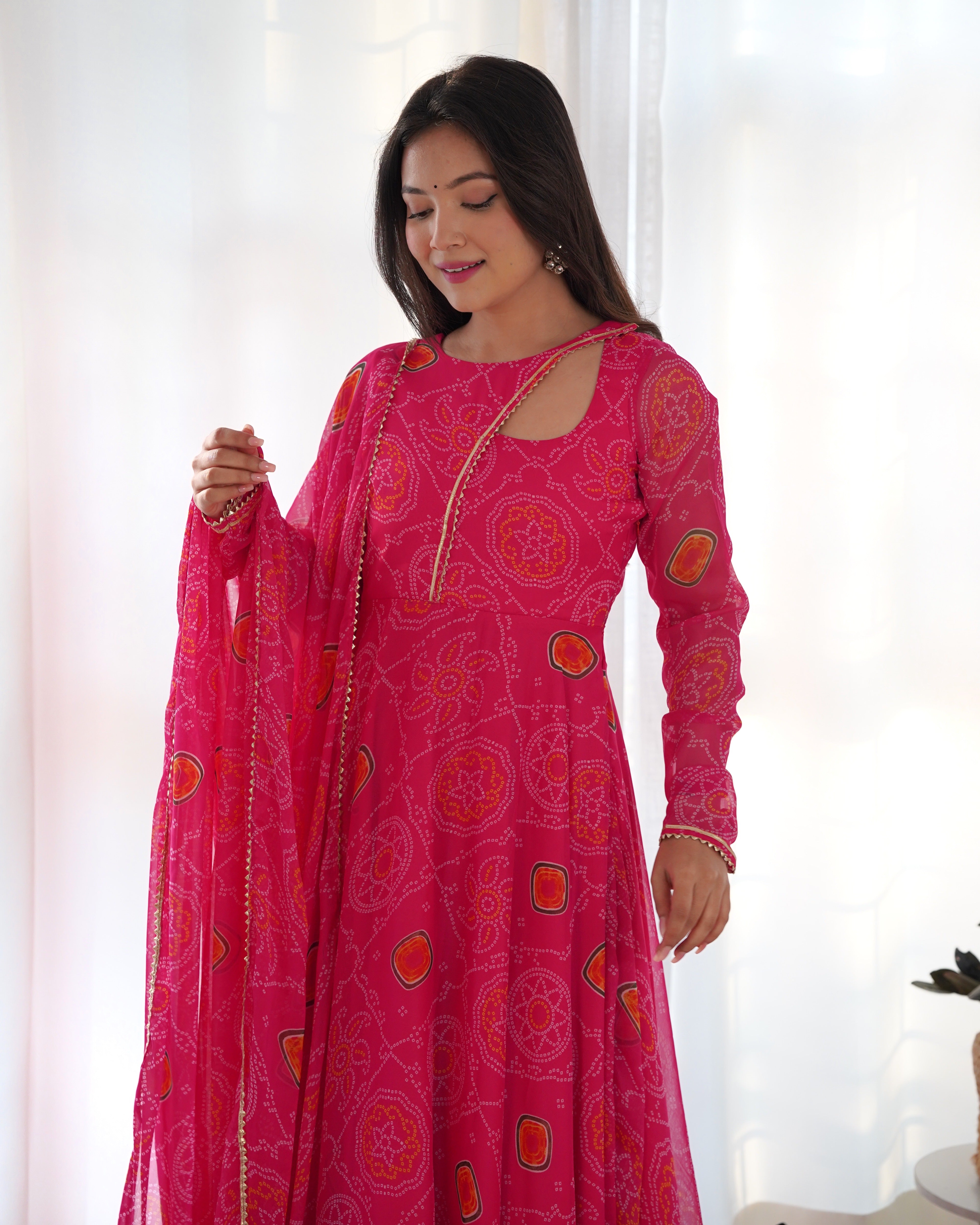 Pink Color Bandhej Print Soft Chiffon Stylish Neck