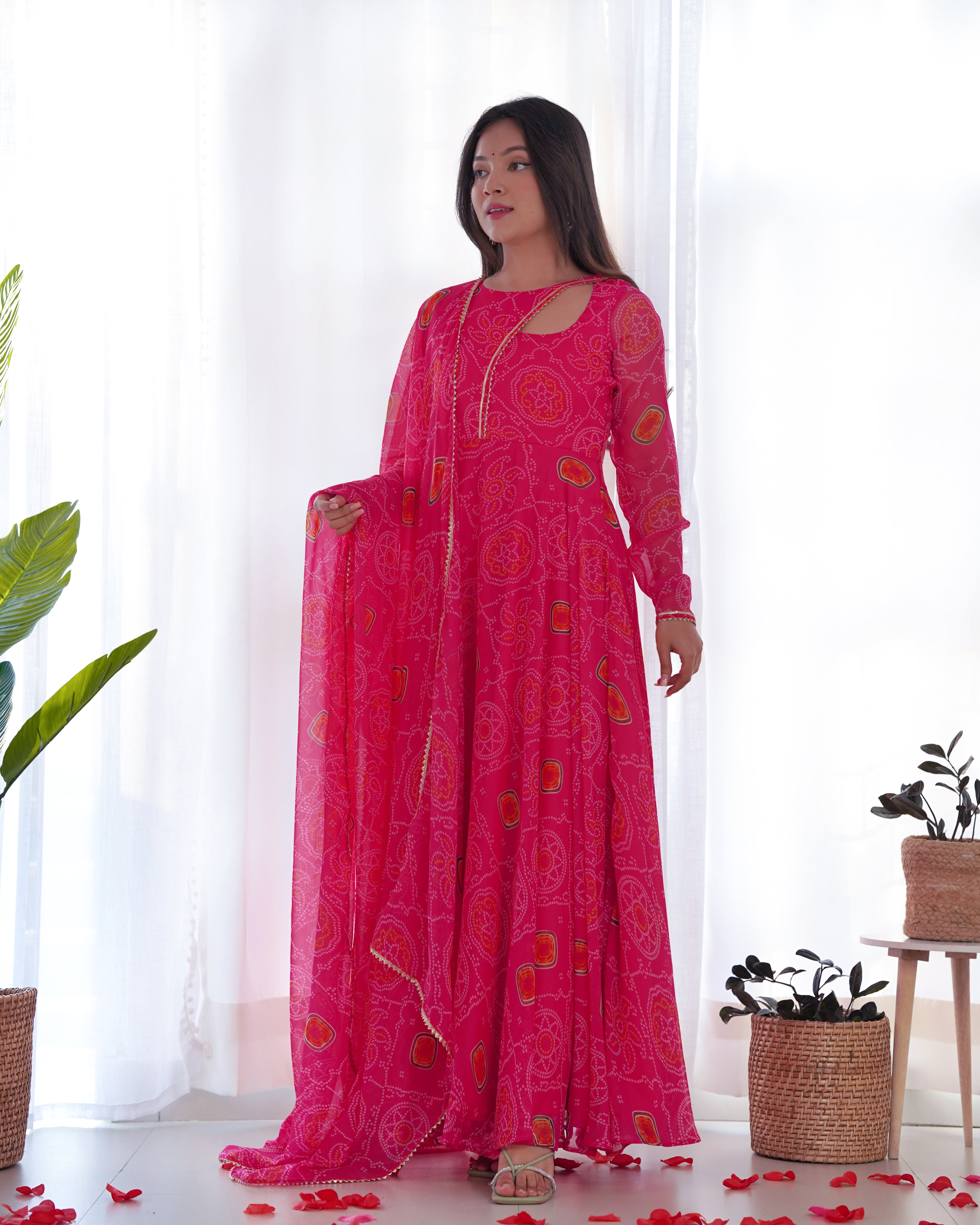 Pink Color Bandhej Print Soft Chiffon Stylish Neck
