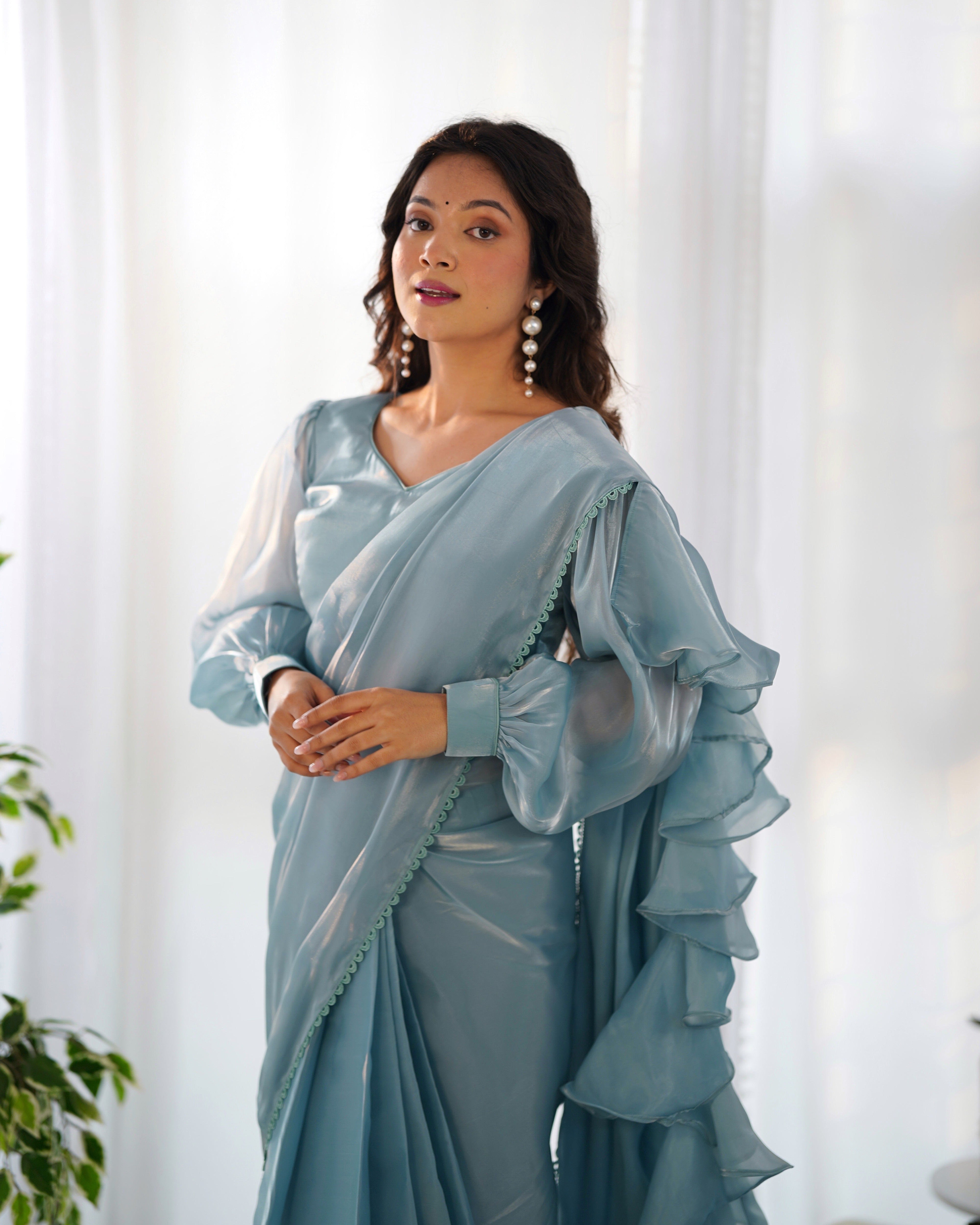 Blue Partywear Wedding Ruffle Saree & Blouse Stitch