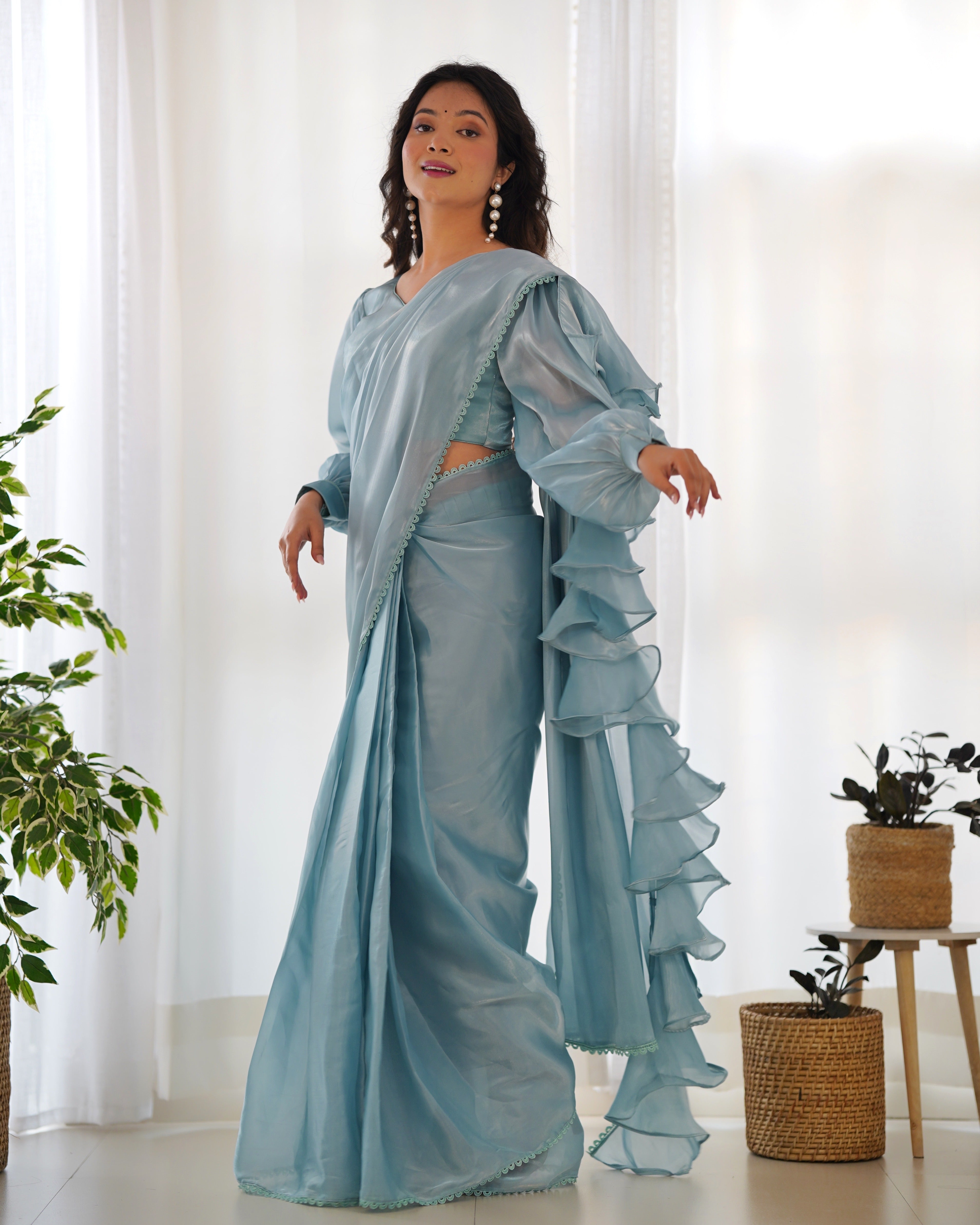 Blue Partywear Wedding Ruffle Saree & Blouse Stitch