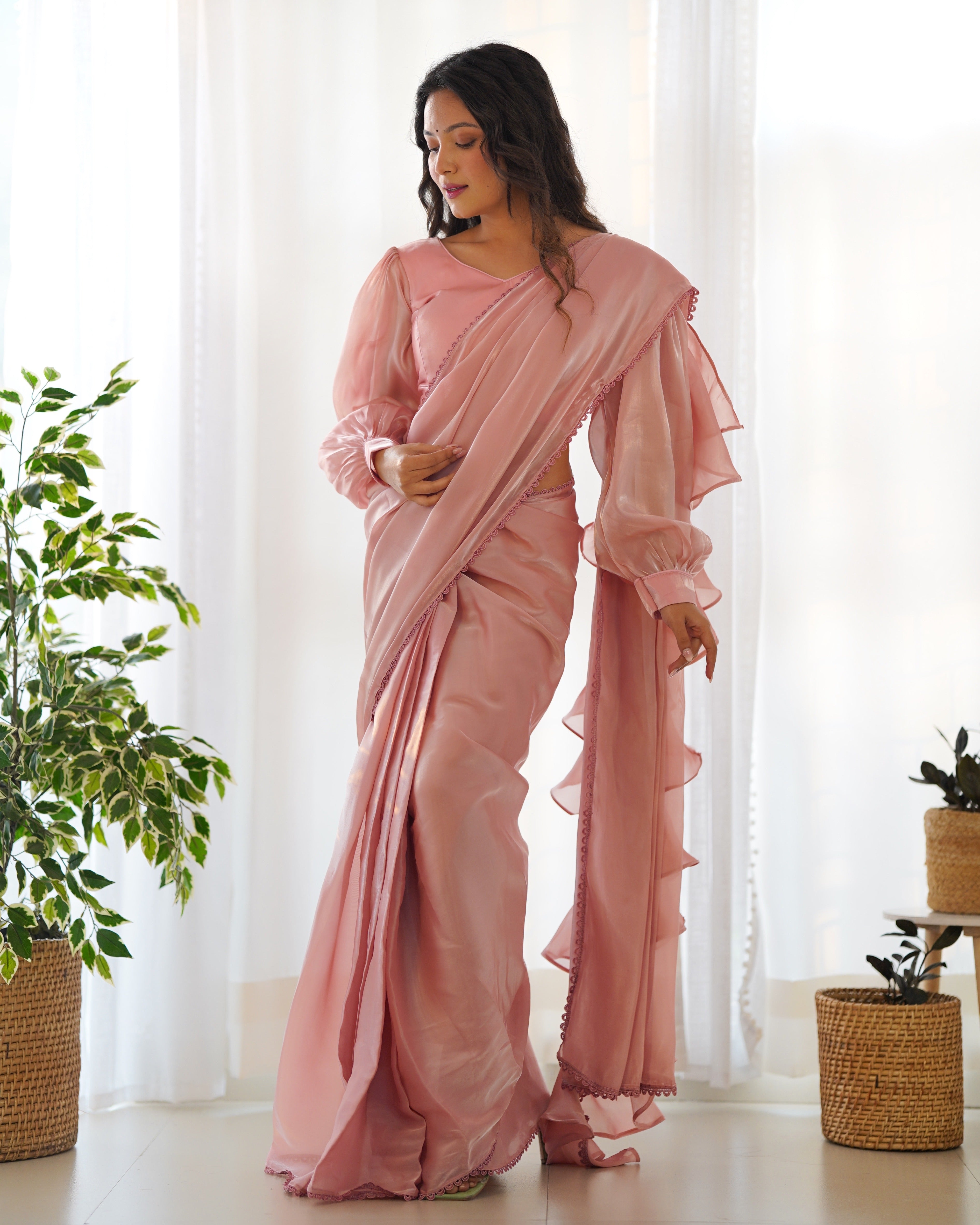 Pink Partywear Wedding Ruffle Saree & Blouse Stitch