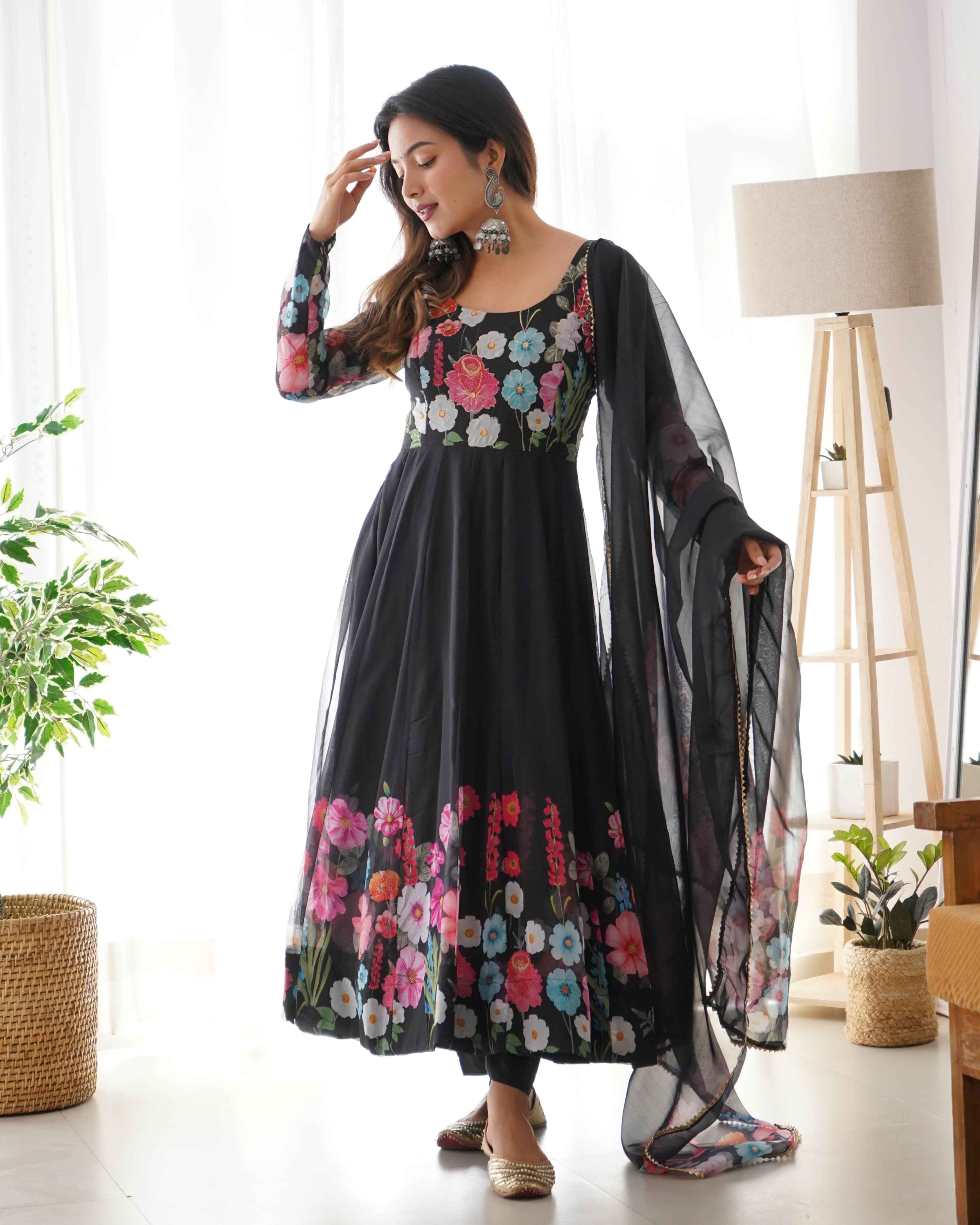 Black Pure soft organza silk fabric fully flair kali pattern Kurta Suit