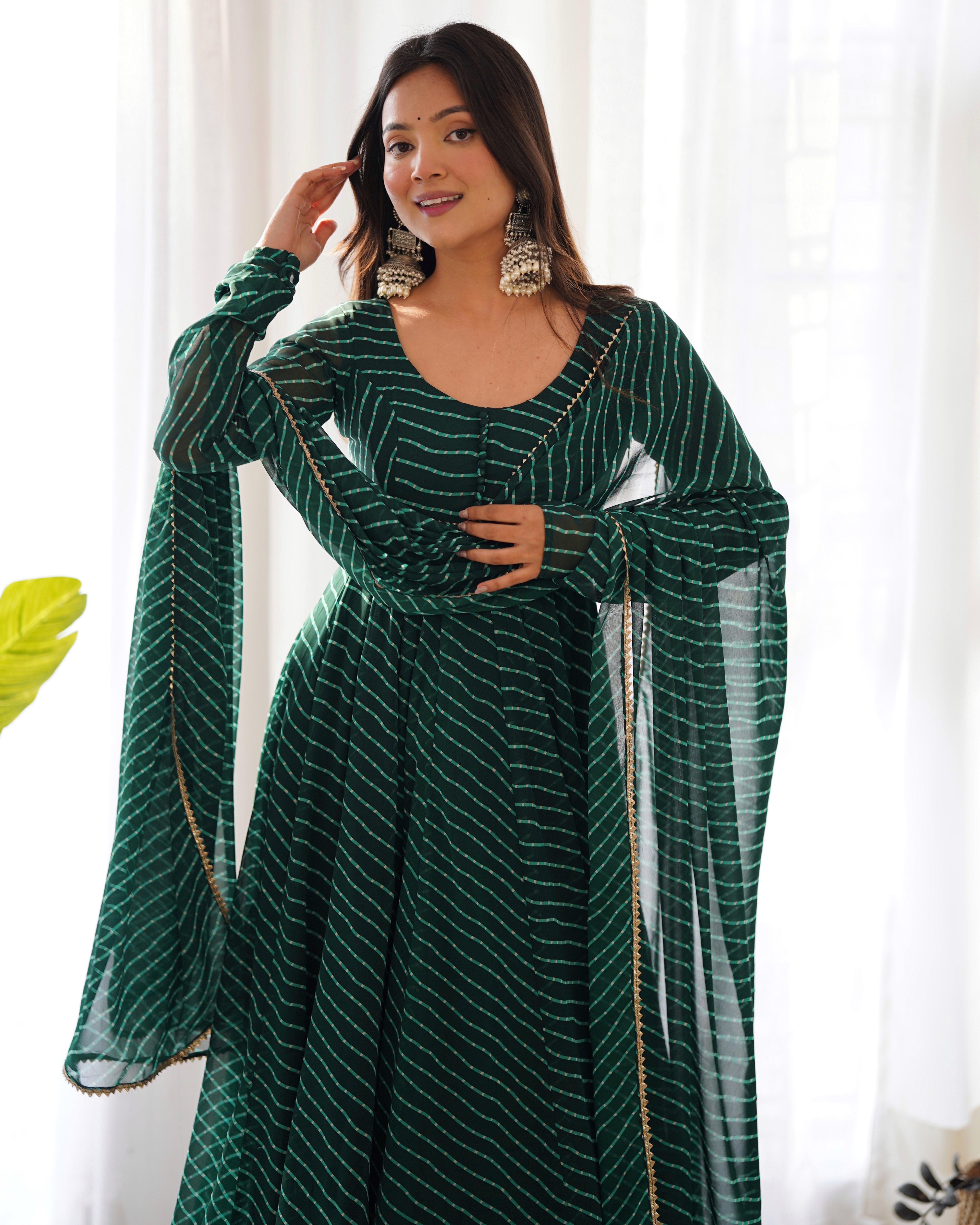Green Round Neck Leheriya Printed Regular Anarkali Kurta Set