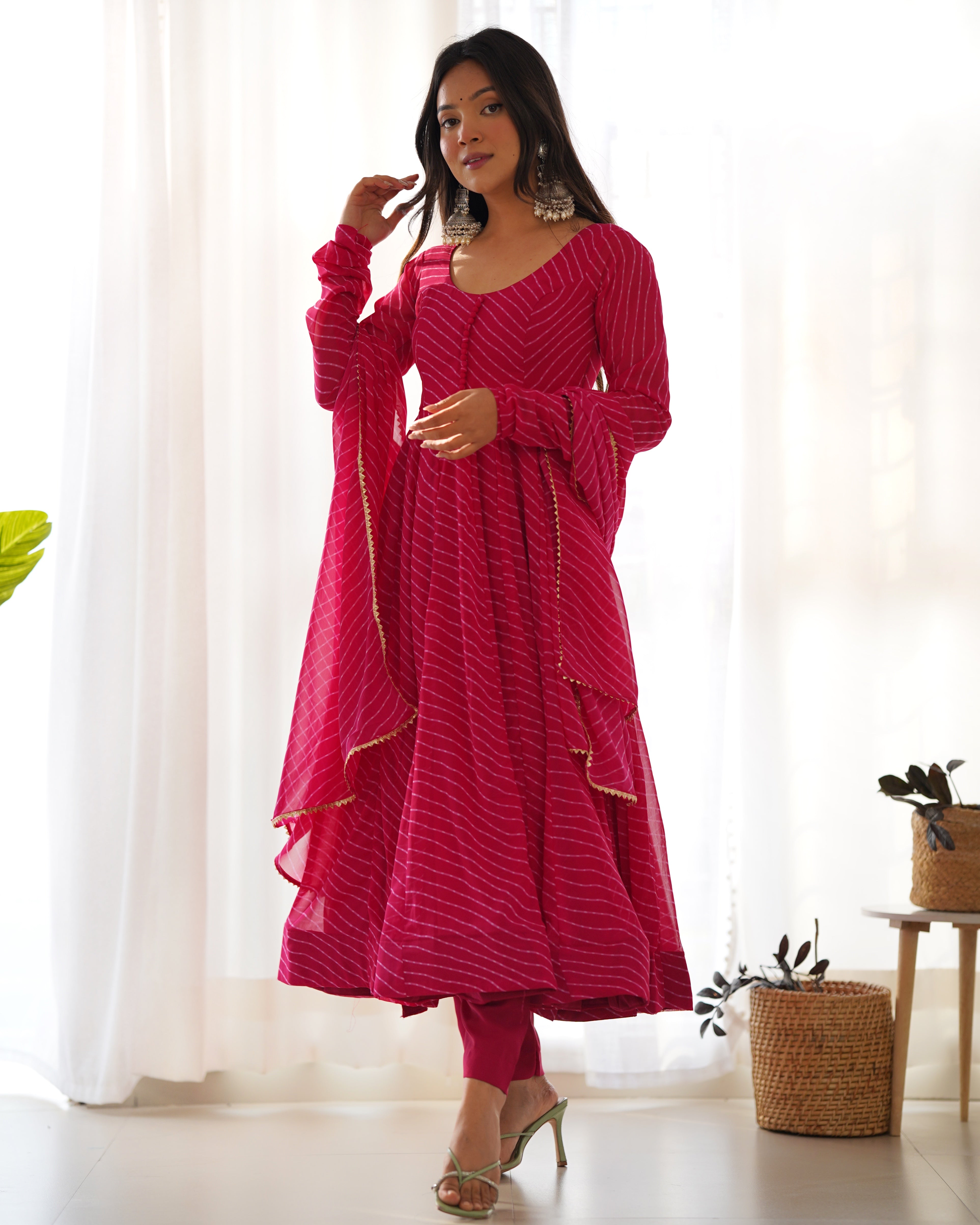 Pink Round Neck Leheriya Printed Regular Anarkali Kurta Set