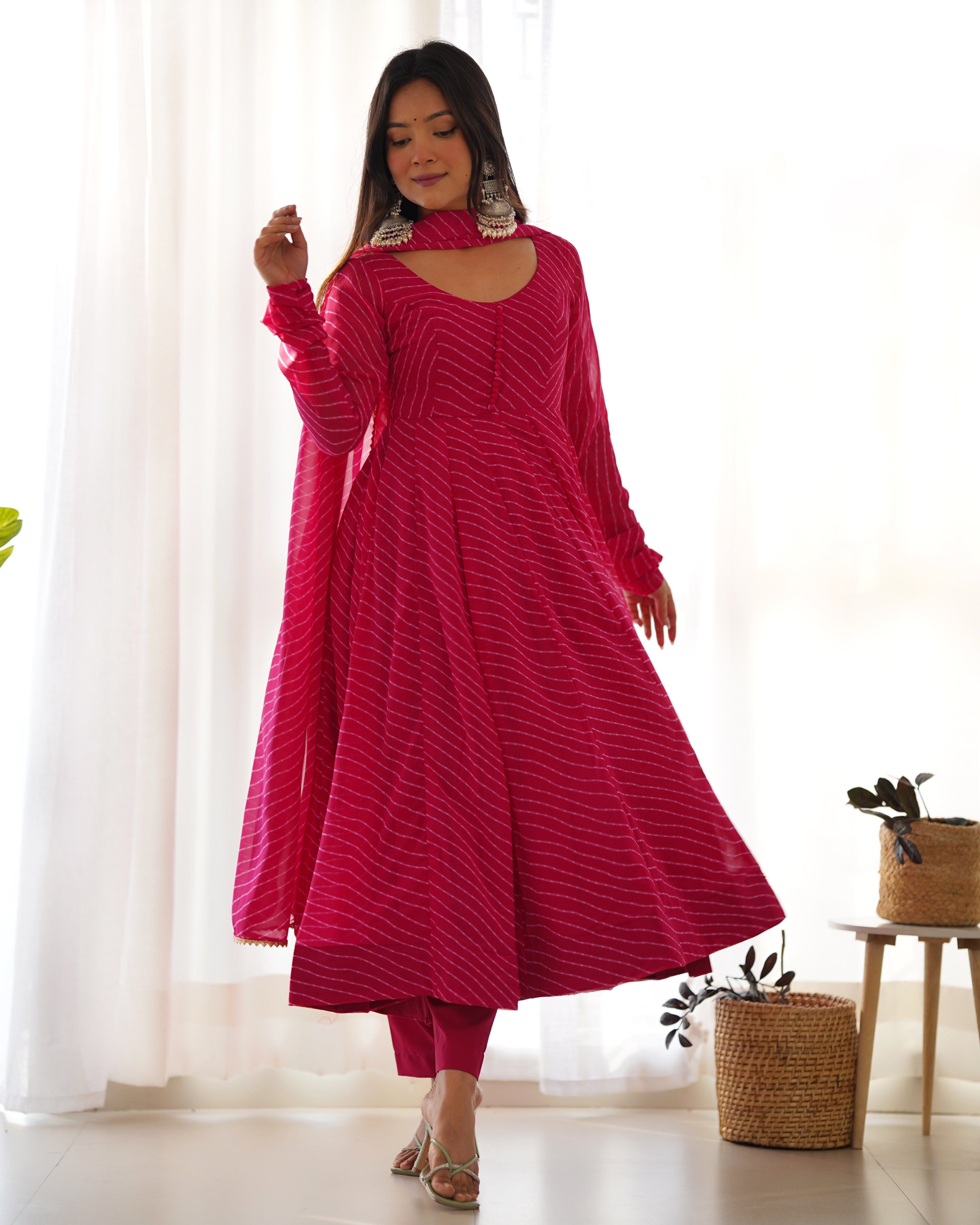 Pink Round Neck Leheriya Printed Regular Anarkali Kurta Set