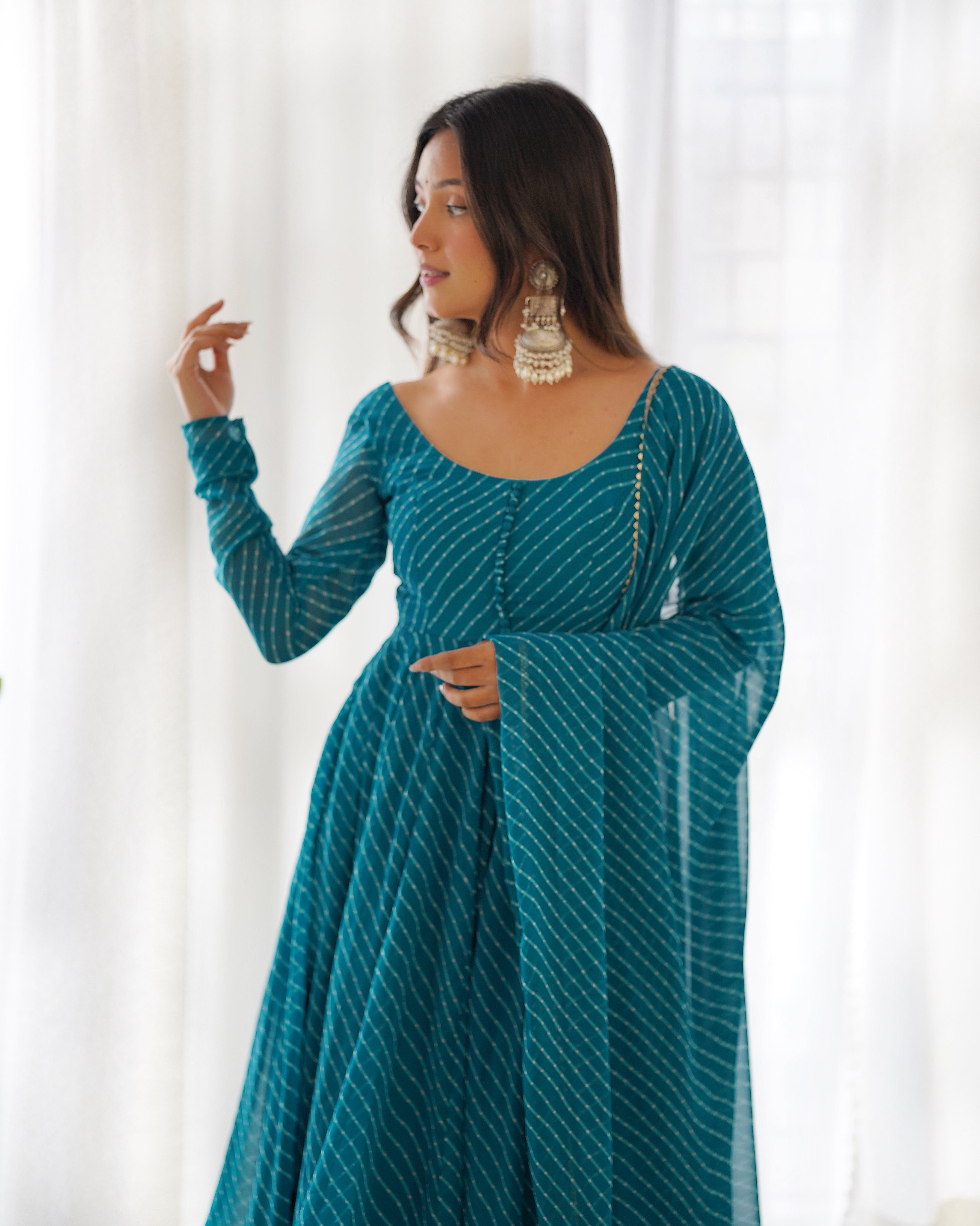 Teal Round Neck Leheriya Printed Regular Anarkali Kurta Set