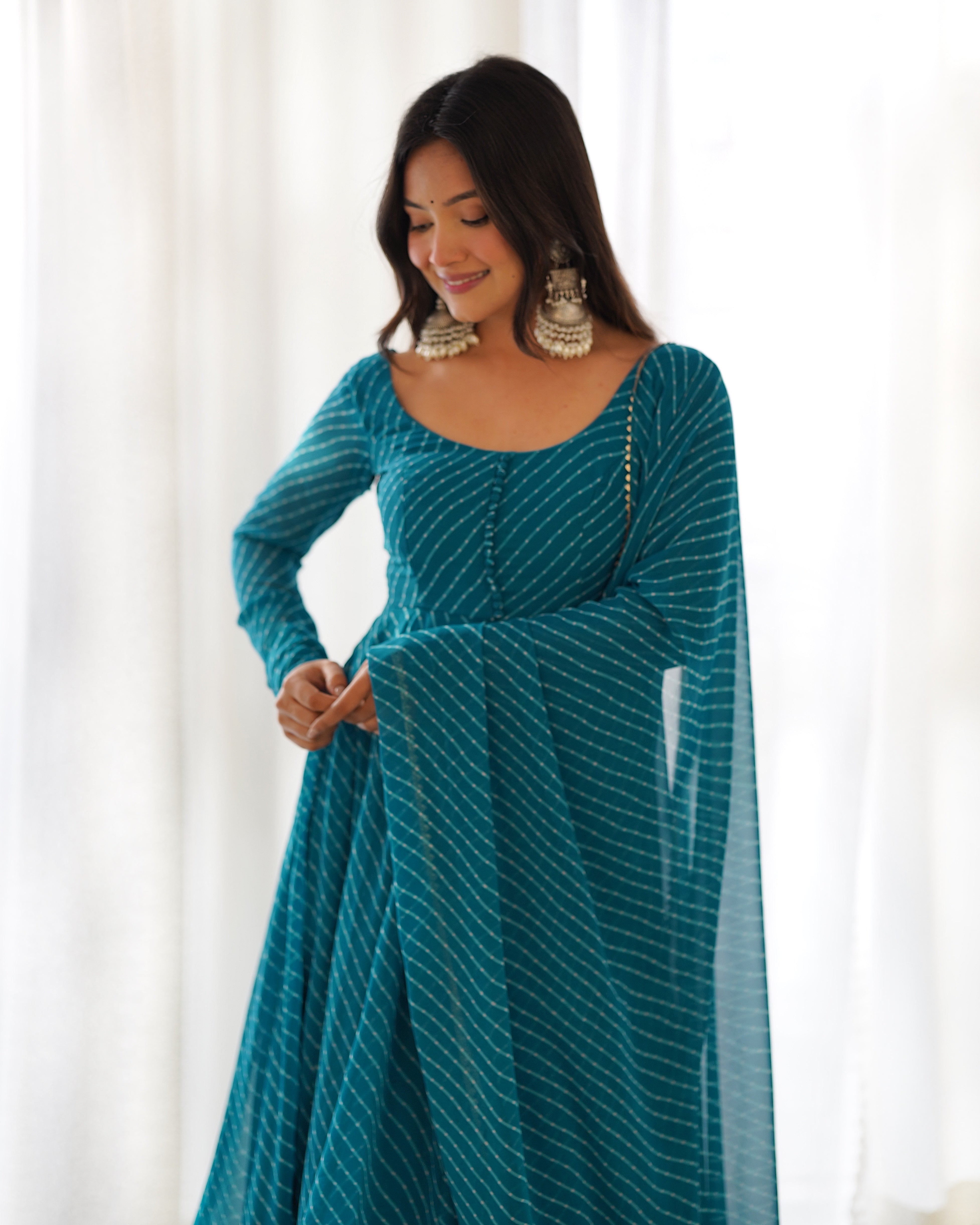 Teal Round Neck Leheriya Printed Regular Anarkali Kurta Set