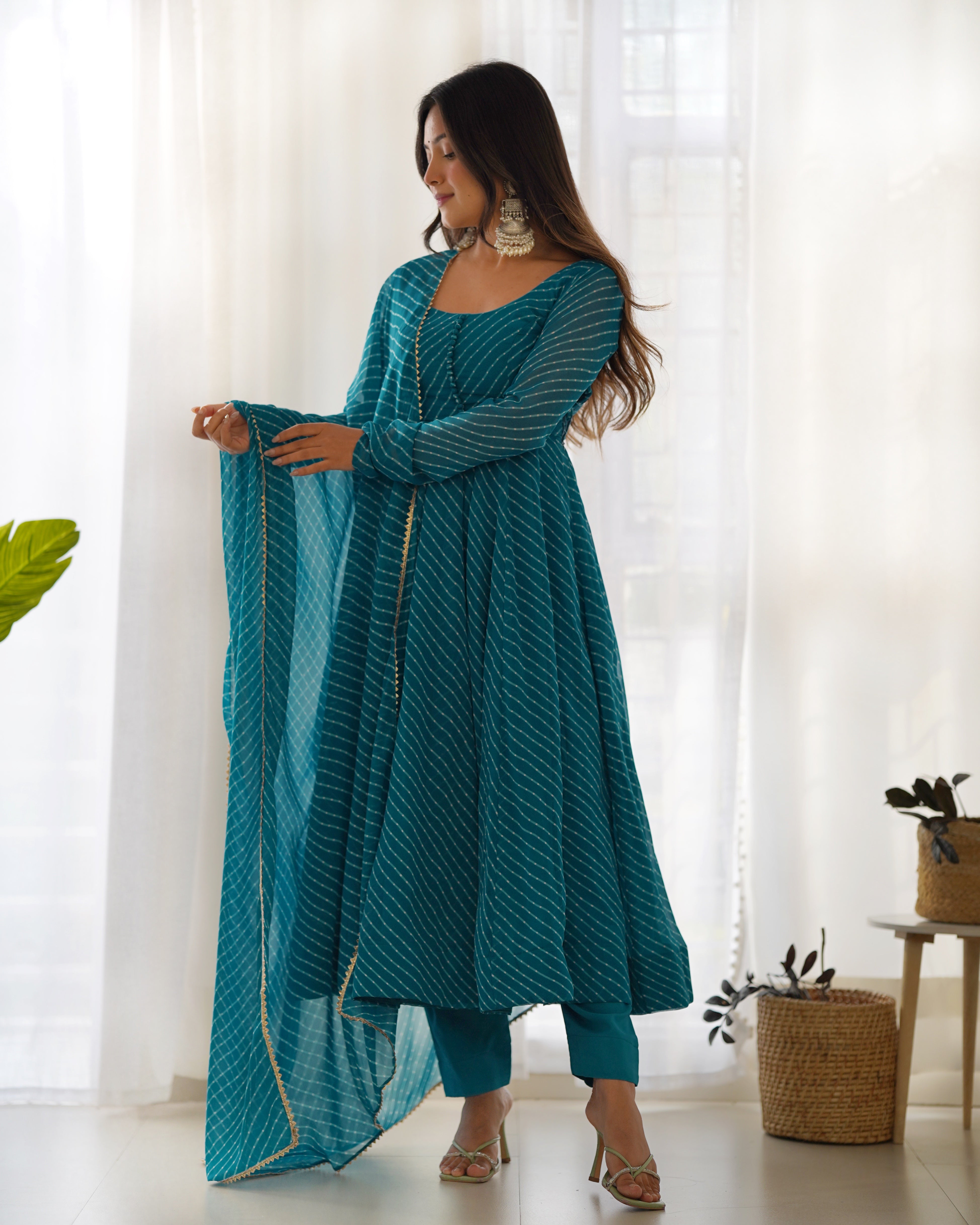 Teal Round Neck Leheriya Printed Regular Anarkali Kurta Set