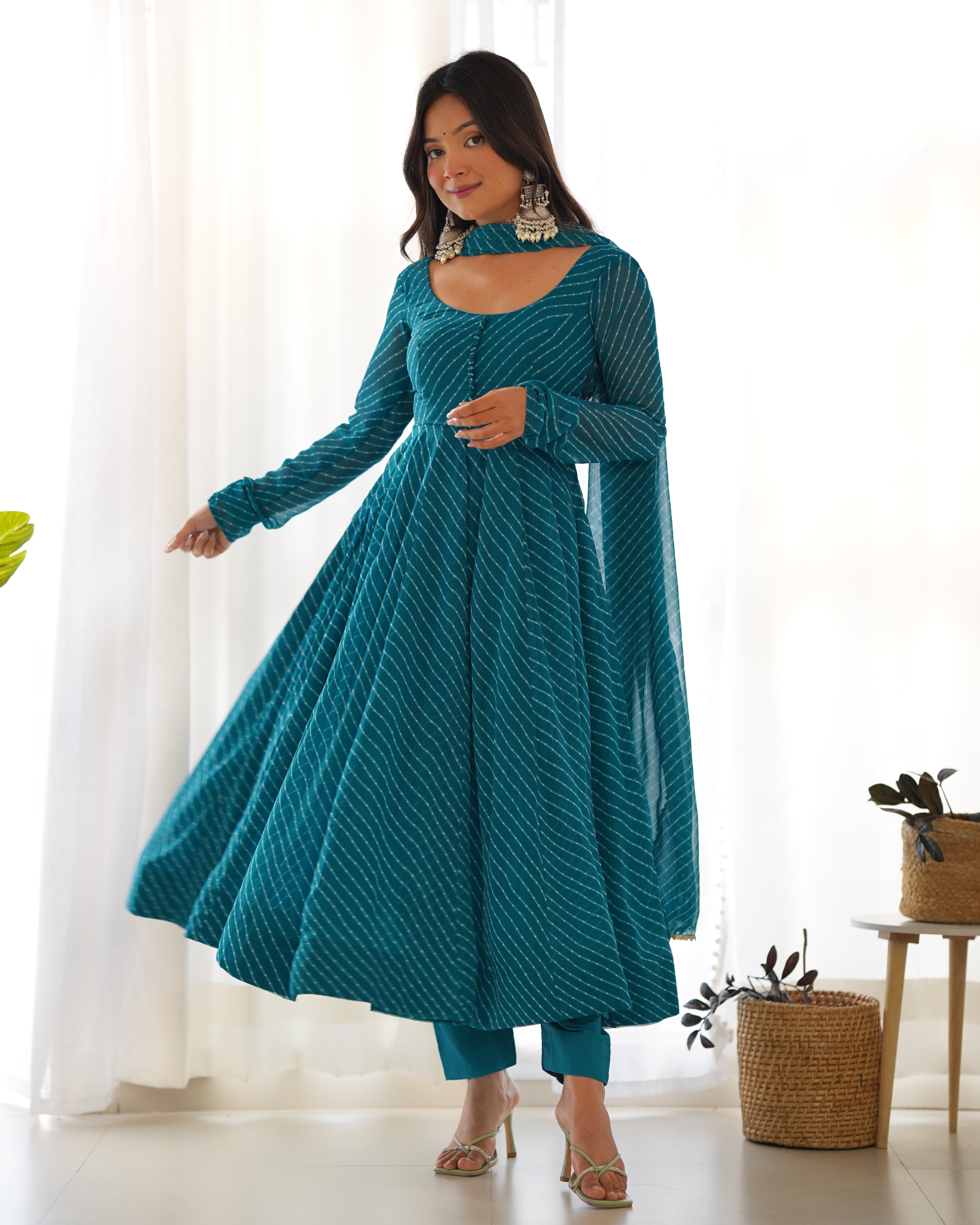 Teal Round Neck Leheriya Printed Regular Anarkali Kurta Set
