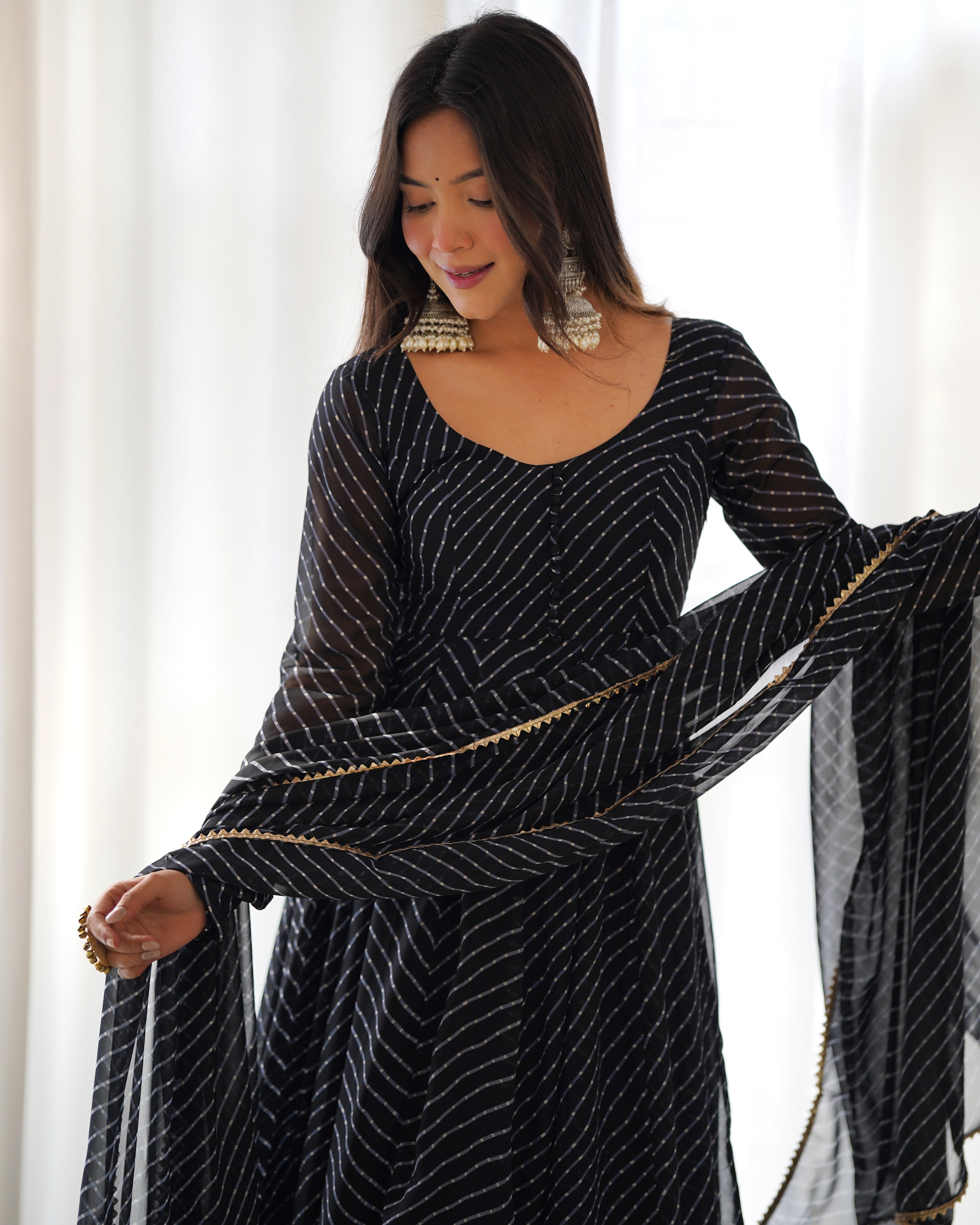 Black Round Neck Leheriya Printed Regular Anarkali Kurta Set