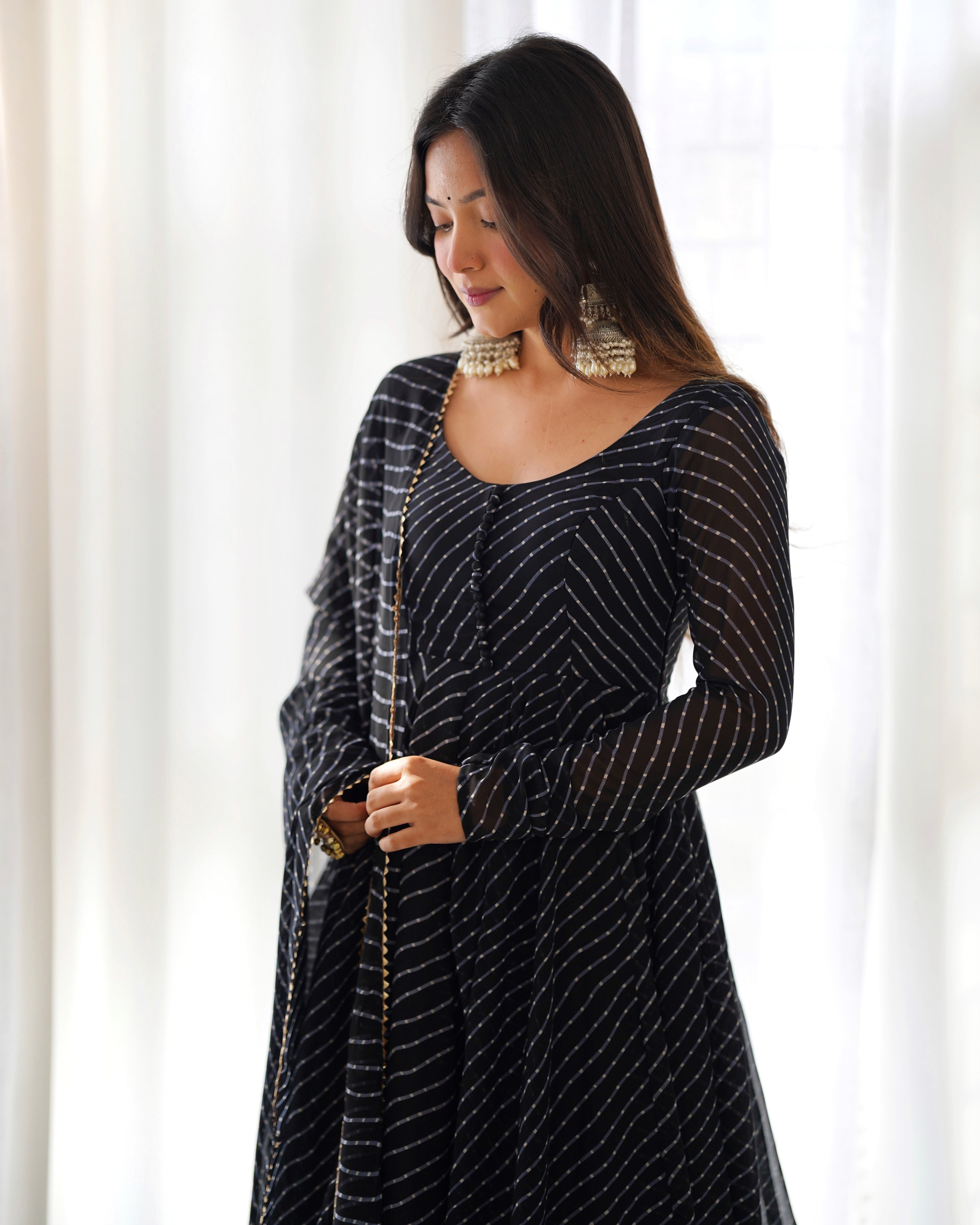 Black Round Neck Leheriya Printed Regular Anarkali Kurta Set