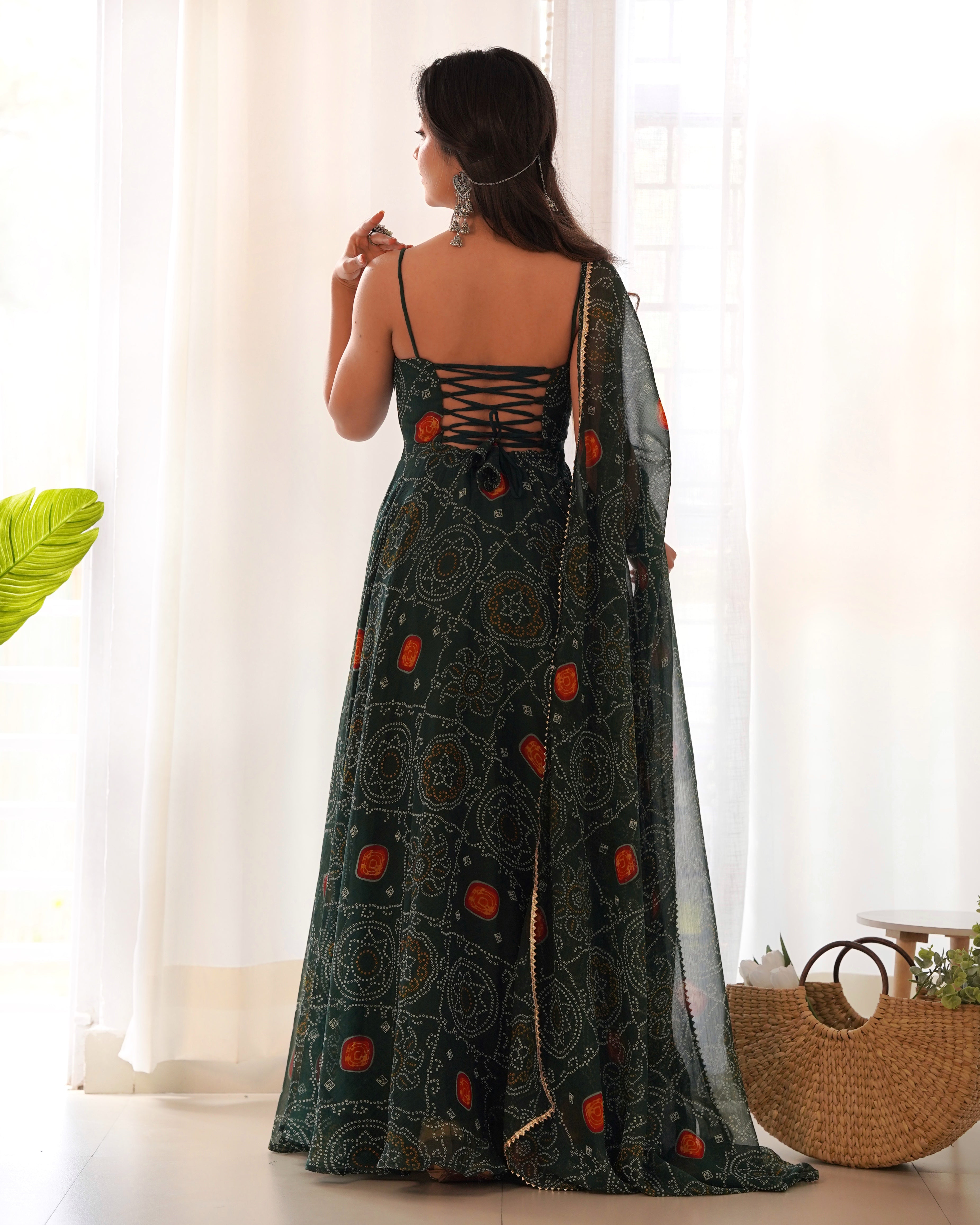 Enchanting Green Bandhani Printed Chiffon Gown for Festive Occasions