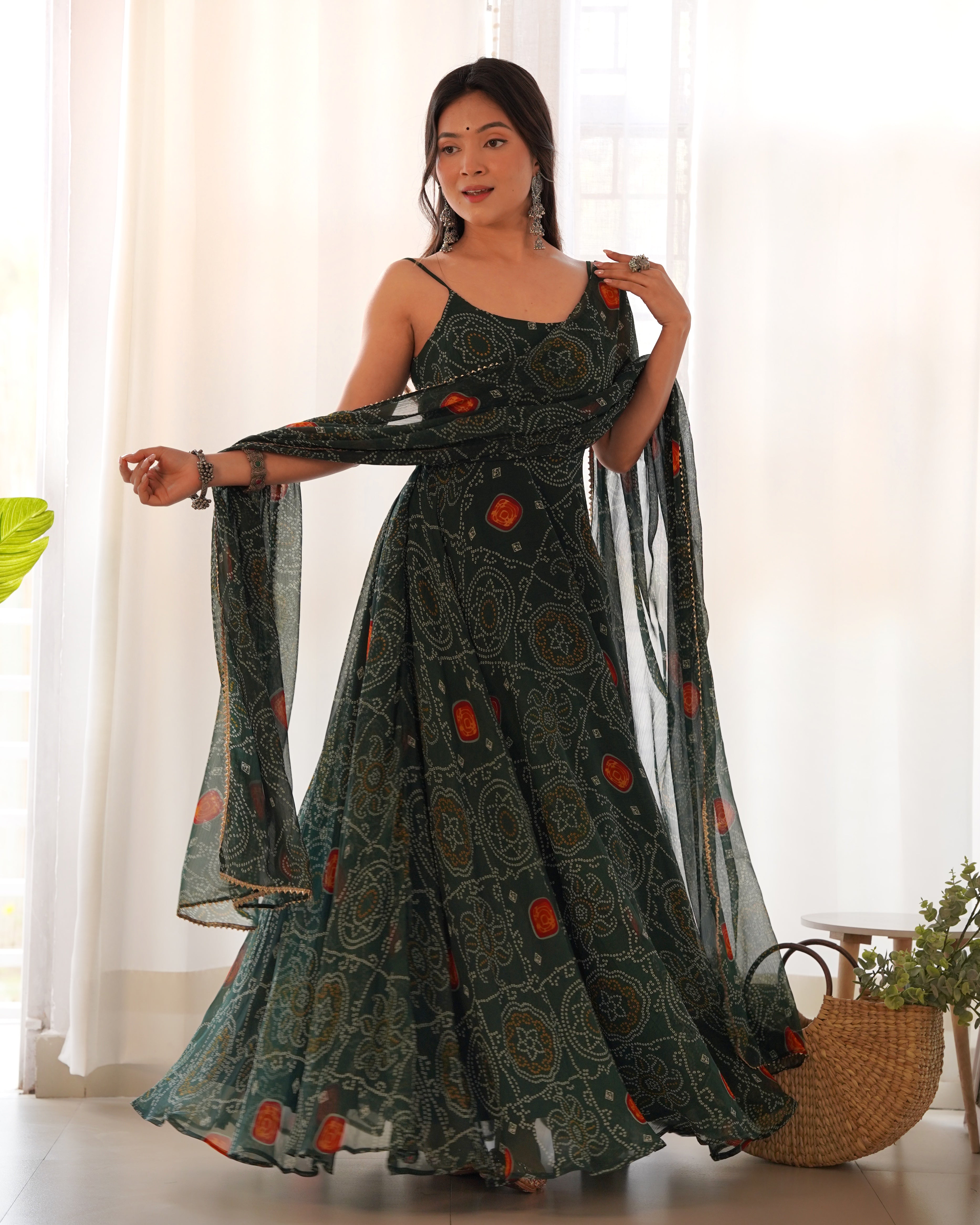 Enchanting Green Bandhani Printed Chiffon Gown for Festive Occasions