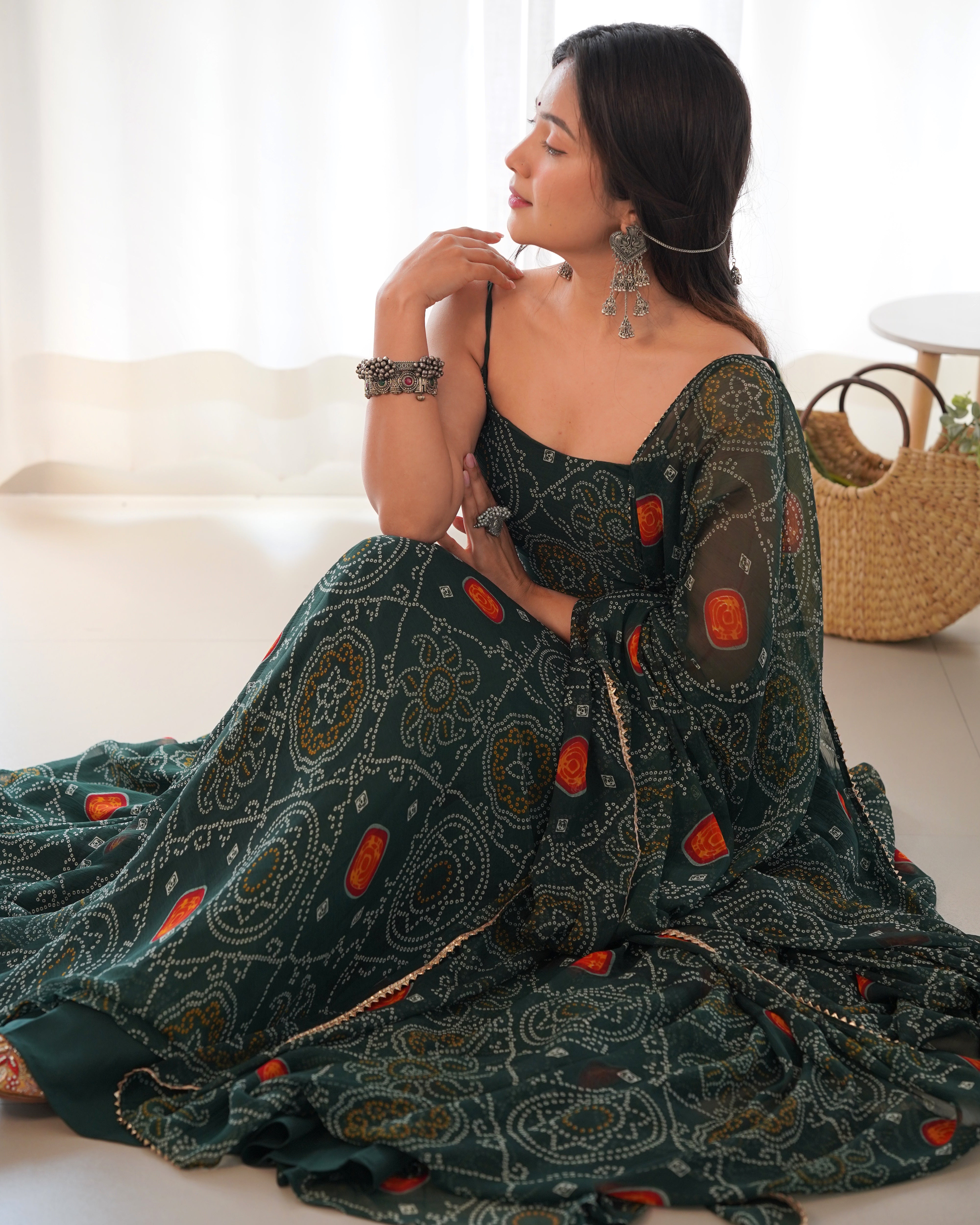 Enchanting Green Bandhani Printed Chiffon Gown for Festive Occasions
