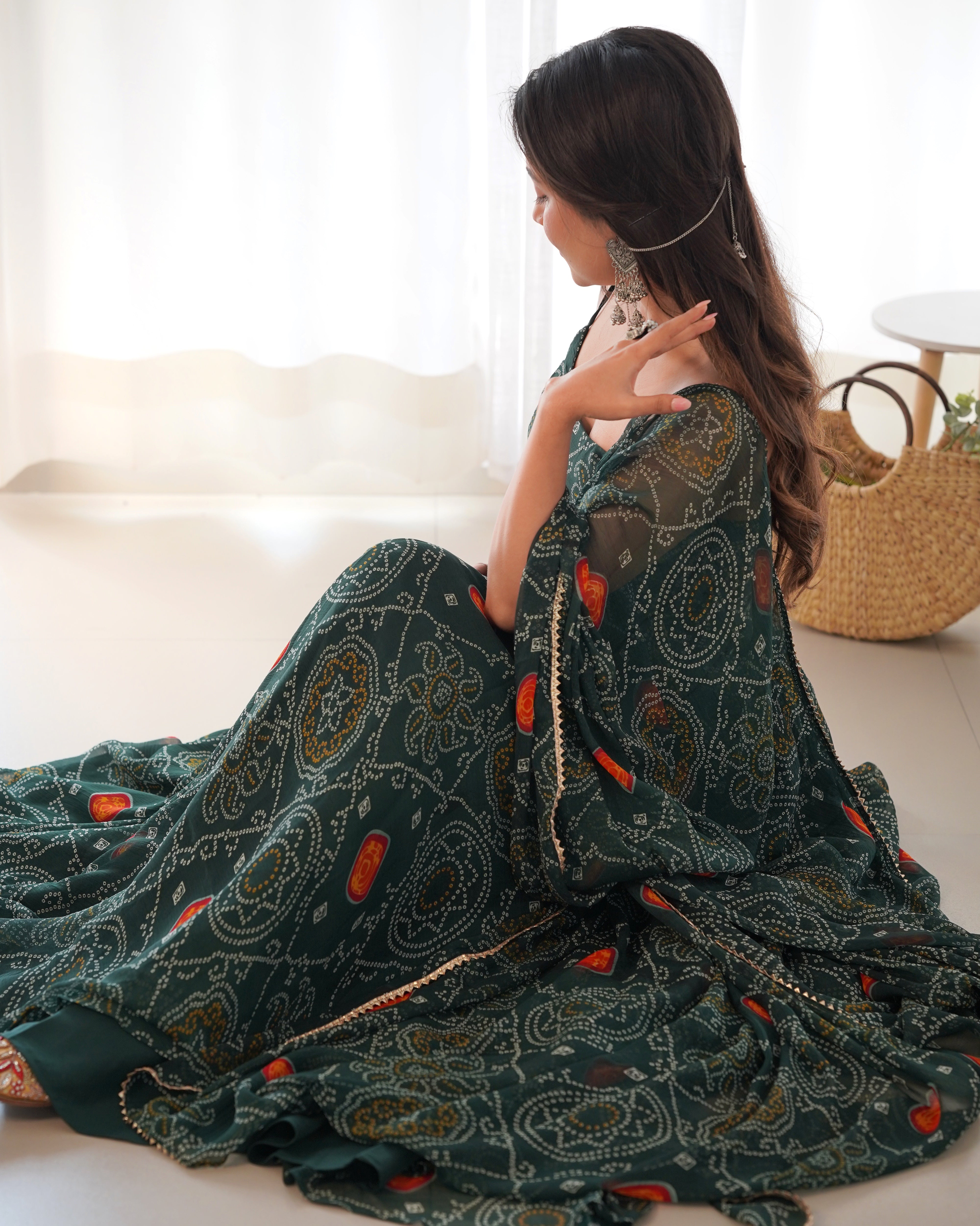 Bottle Green bandhani anarkali with Pant and Dupatta Suit Set