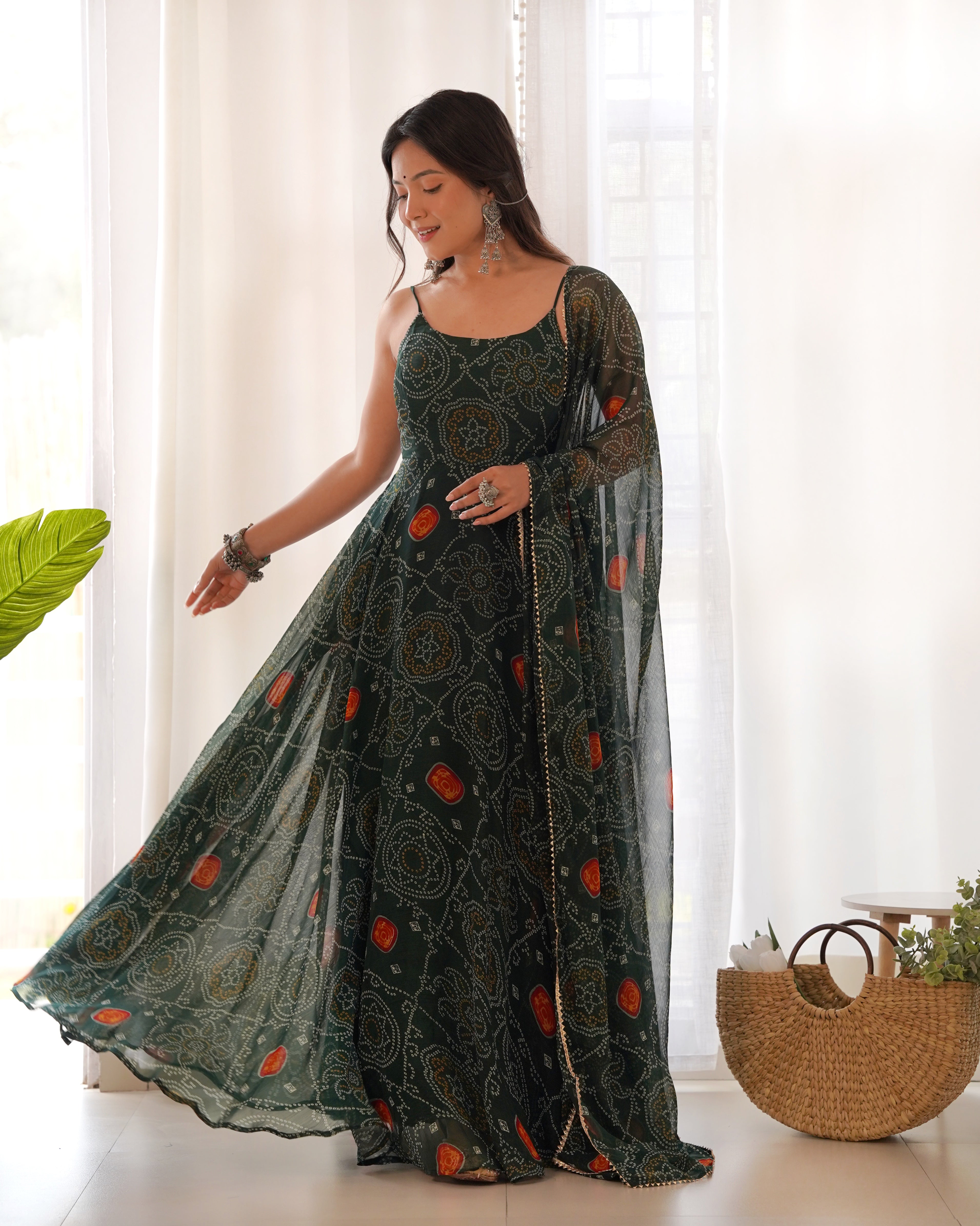 Bottle Green bandhani anarkali with Pant and Dupatta Suit Set