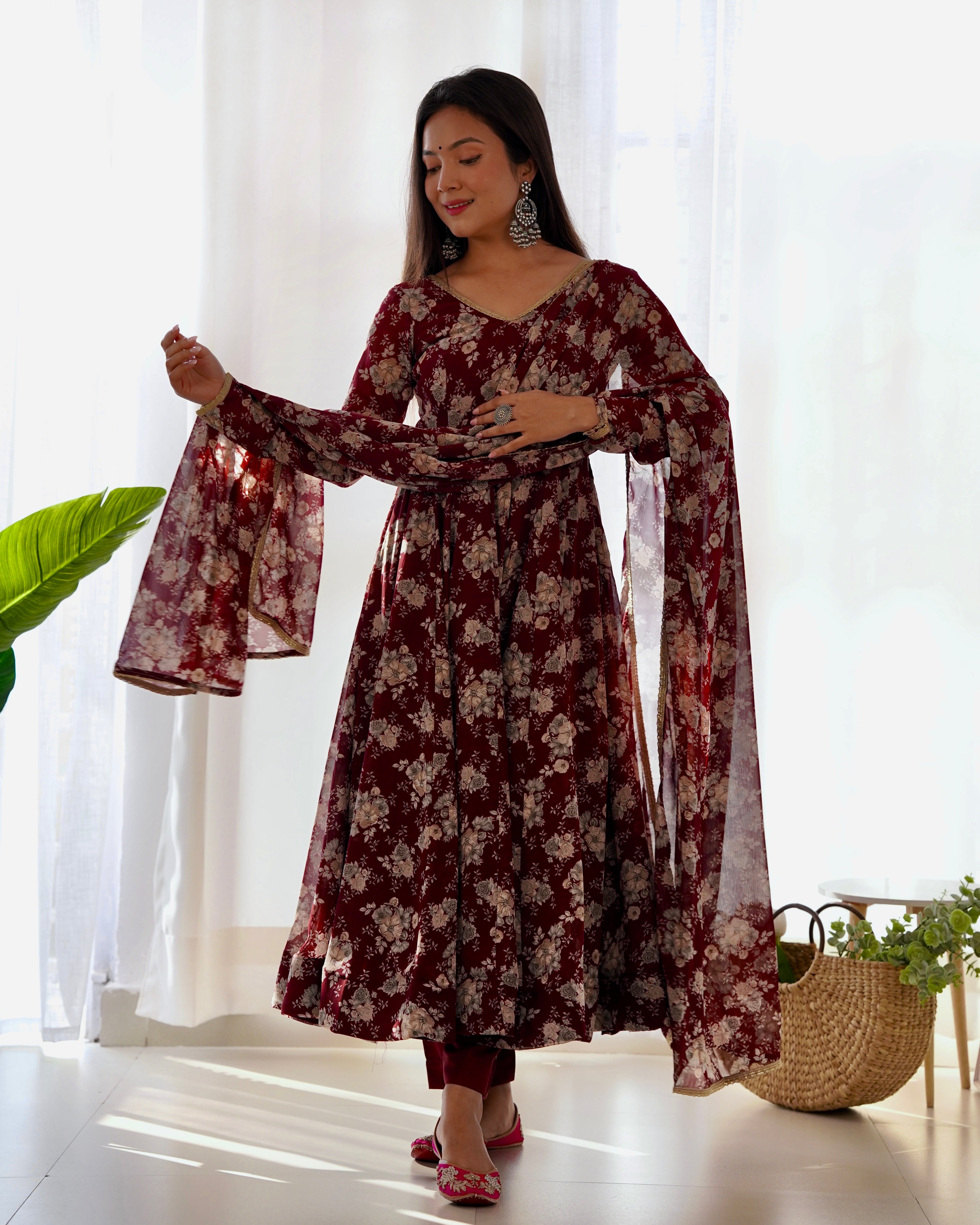 Maroon Faux Georgette Floral Printed Gown With Dupatta