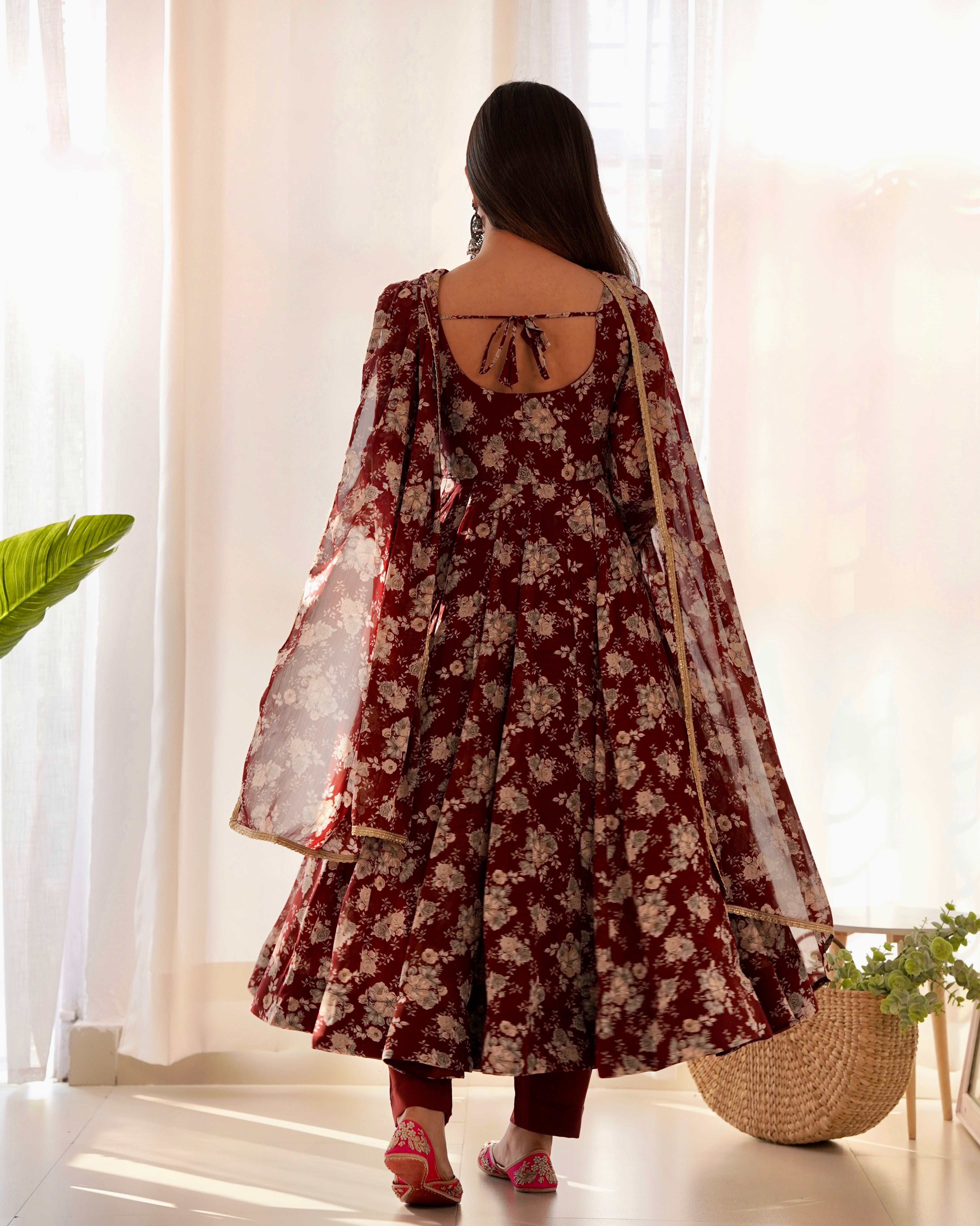 Maroon Faux Georgette Floral Printed Gown With Dupatta