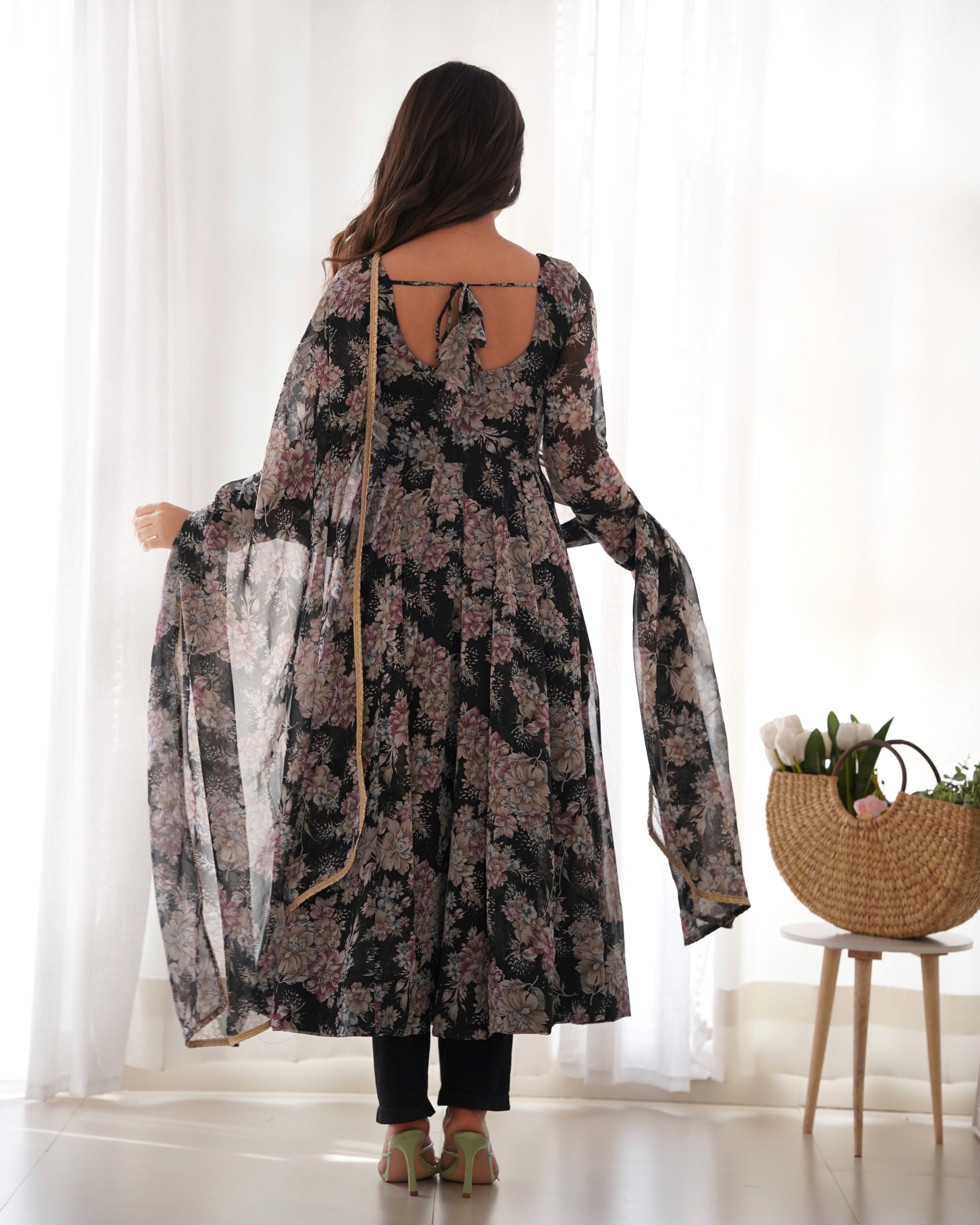 Black Faux Georgette Floral Printed Gown With Dupatta