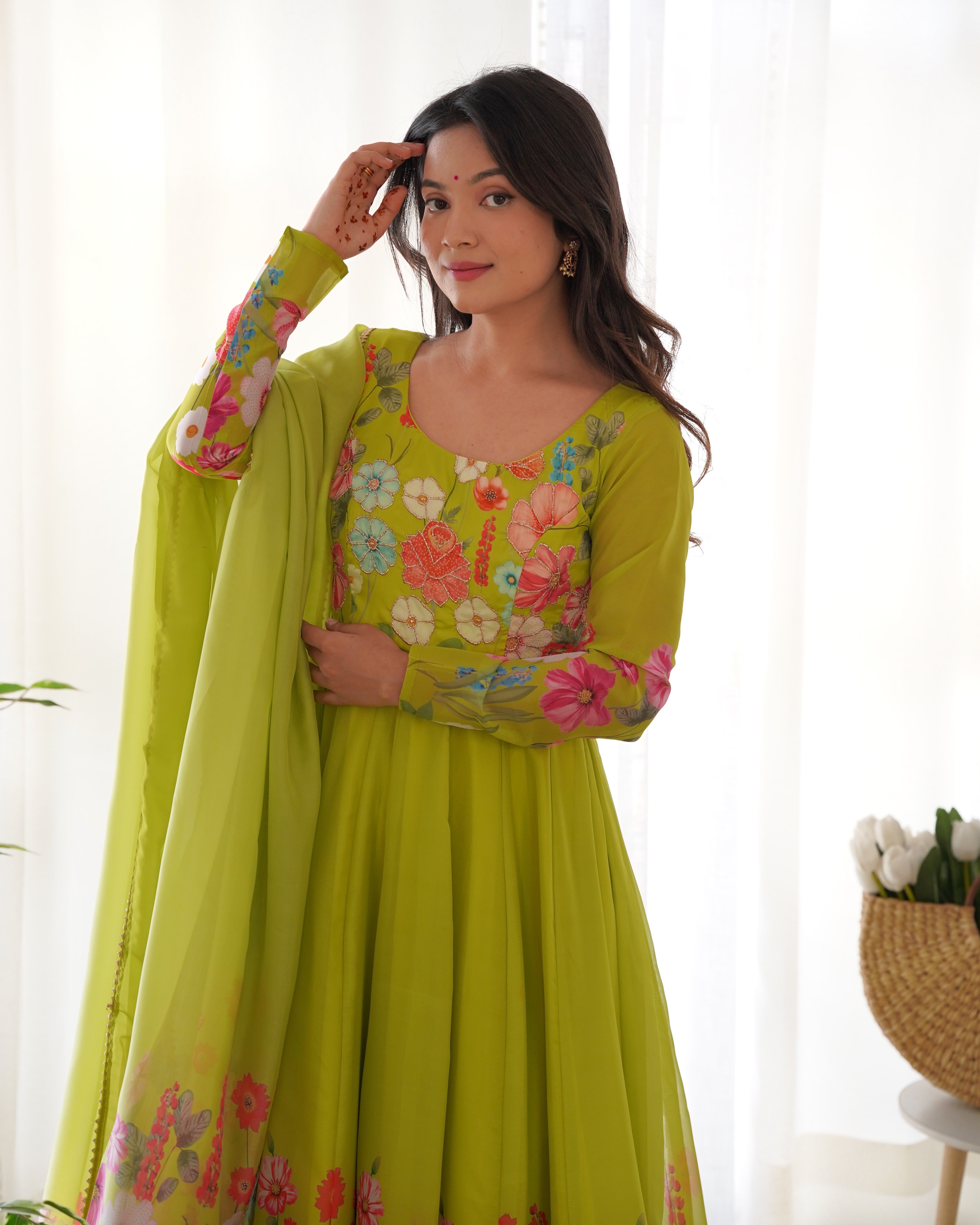Green Pure soft organza silk fabric fully flair kali pattern Kurta Suit