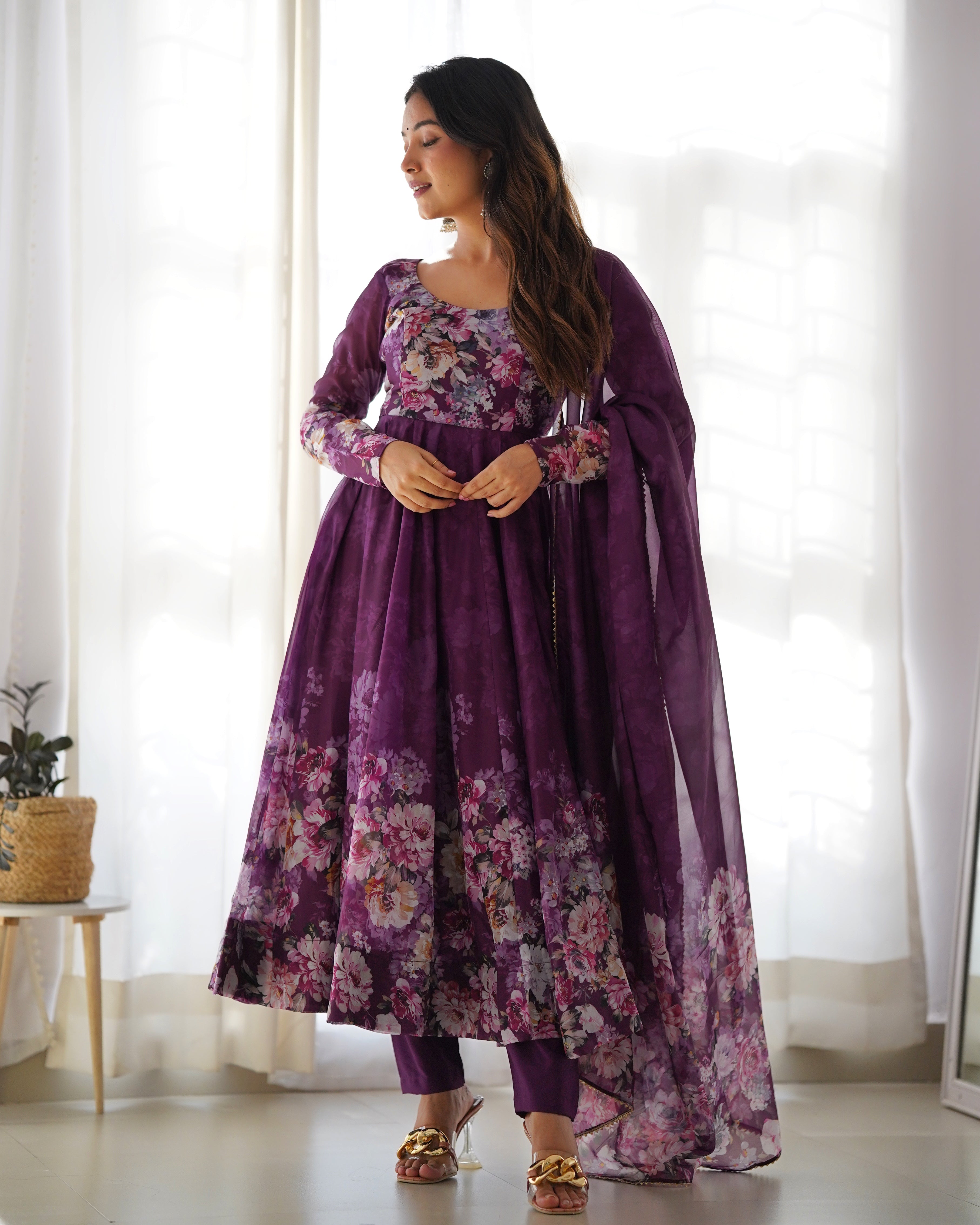 Wine Women Floral Print Anarkali Kurta Set