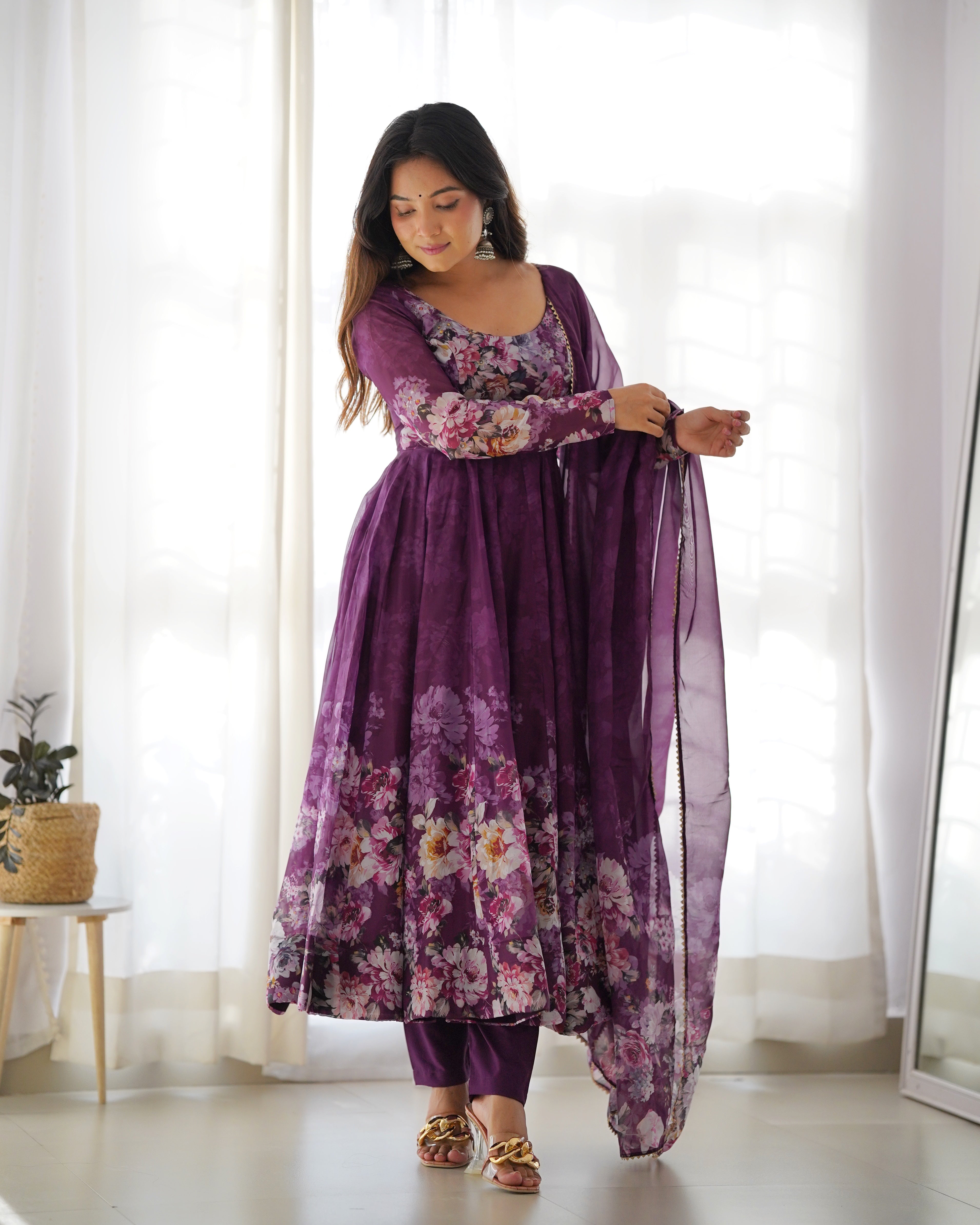 Wine Women Floral Print Anarkali Kurta Set