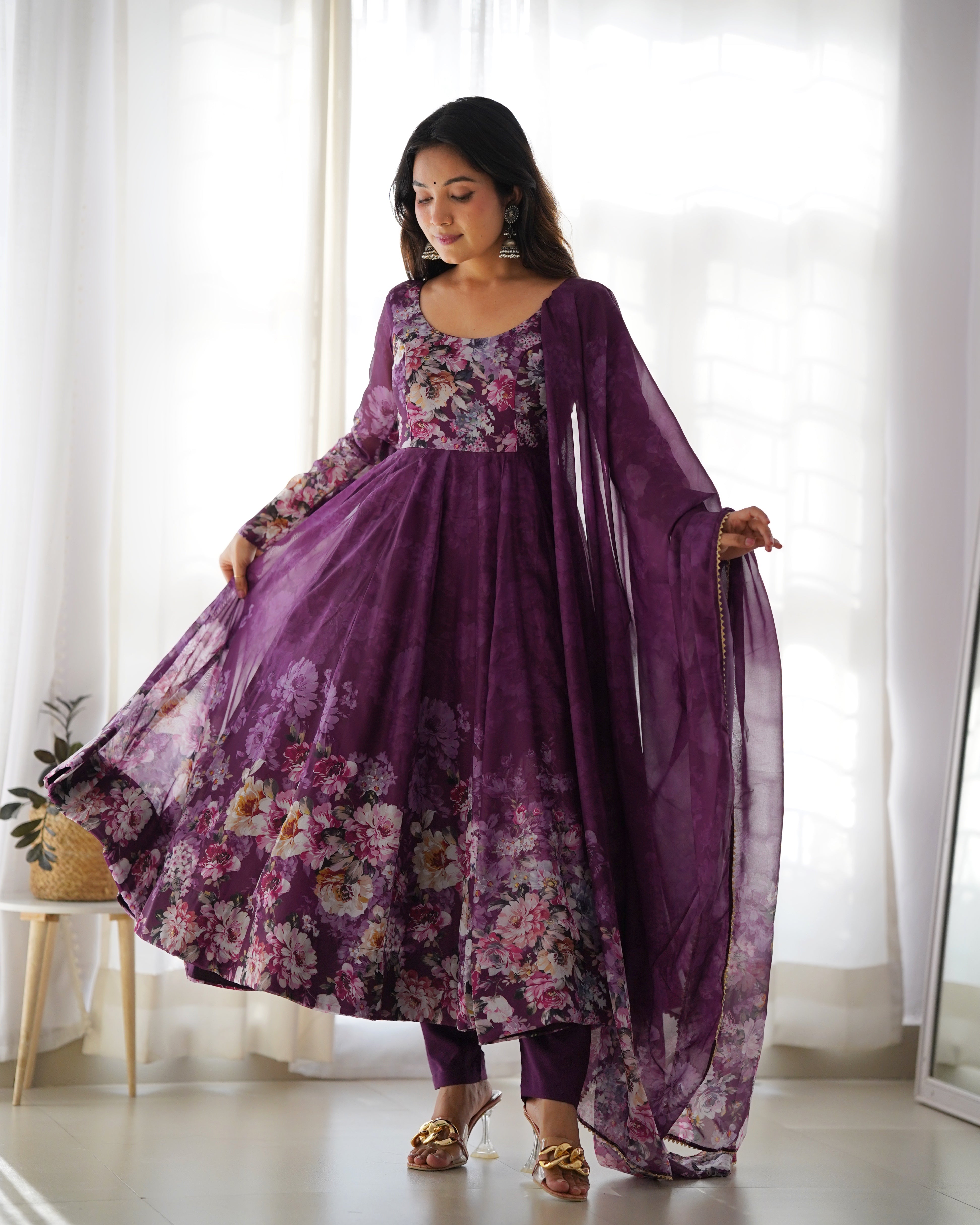 Wine Women Floral Print Anarkali Kurta Set