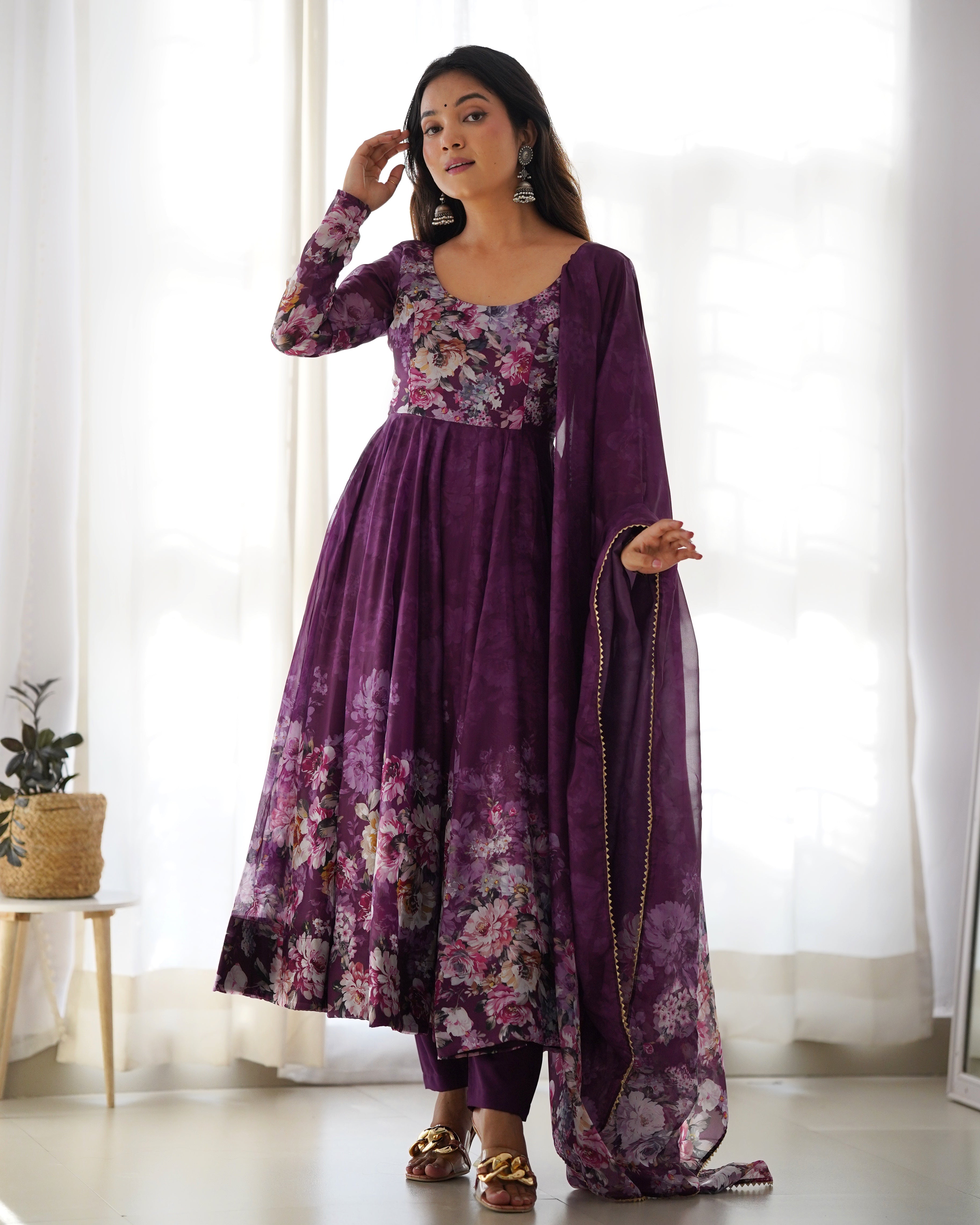 Wine Women Floral Print Anarkali Kurta Set