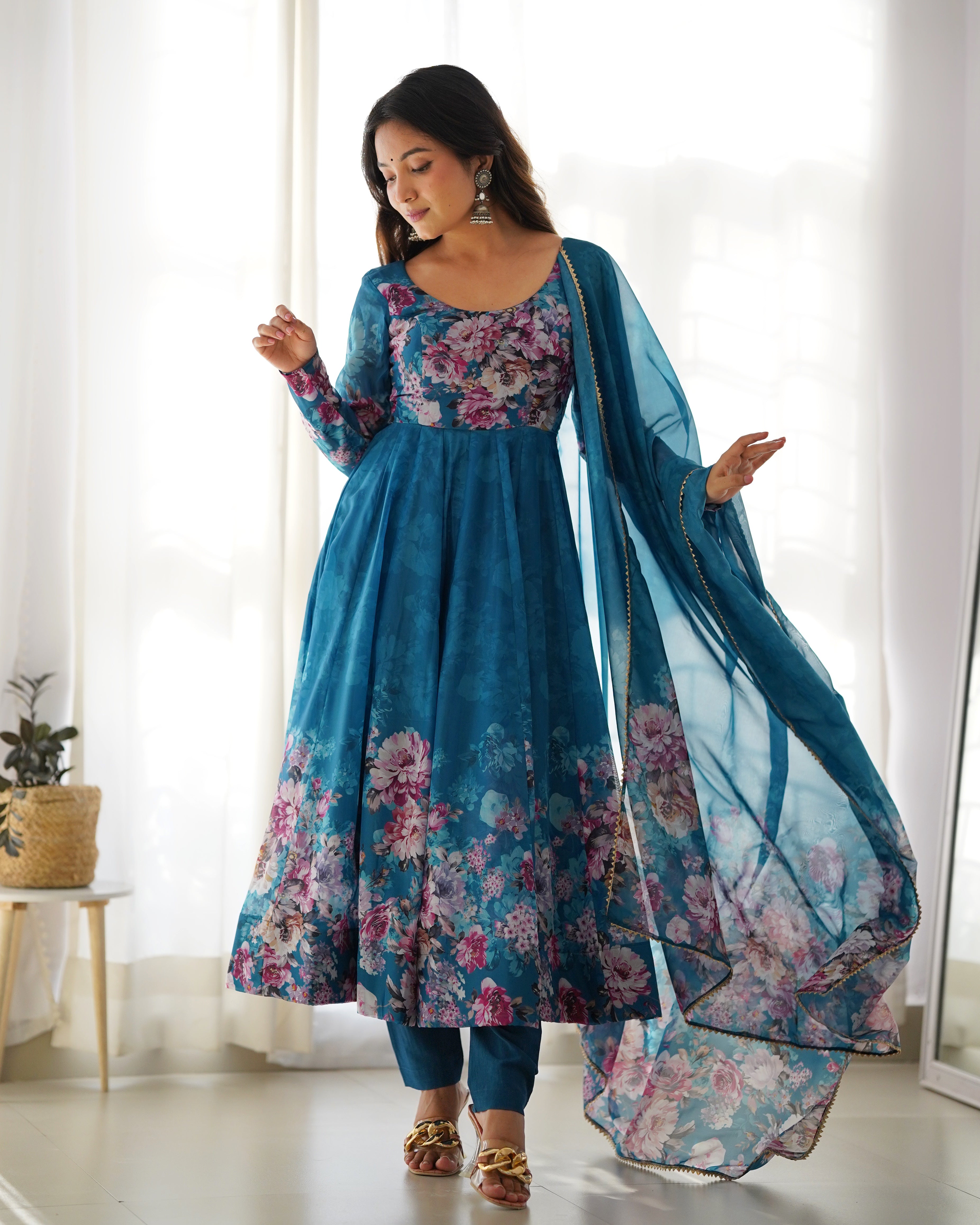 Blue Women Floral Print Anarkali Kurta Set