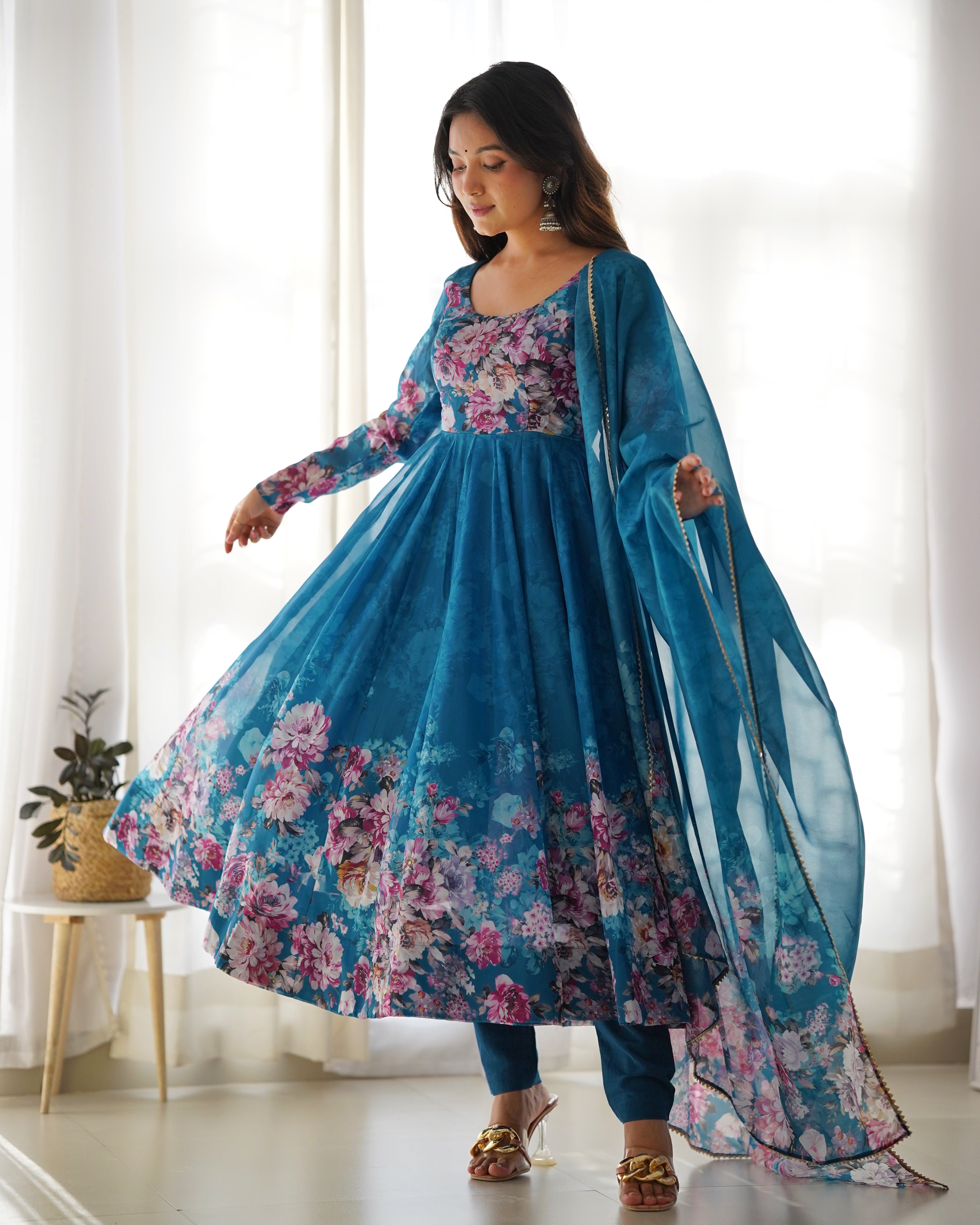 Blue Women Floral Print Anarkali Kurta Set